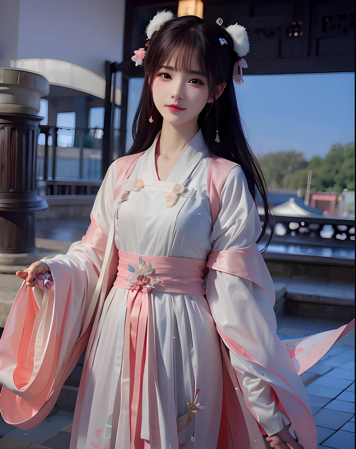 Arakfi woman in pink and white dress standing on the sidewalk, White Hanfu, Palace ， A girl in Hanfu, Hanfu, Wearing ancient Chinese clothes, with acient chinese clothes, Traditional Chinese clothing, Chinese costume, flowing magical robe, dressed with long fluent clothes, Chinese dress, flowing hair and long robes, Flowing robes, long beautiful flowing kimono