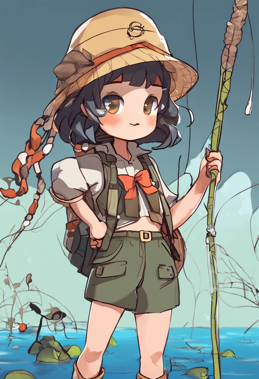 Cartoon girl in hat and fishing net, insect trainer girl, wearing a fisher 🧥, Female protagonist 👀 :8, chihiro! fujisaki, Female explorer mini cute girl, Fanart, official fanart, High-quality fanart, touhou character, Abigail from Stardew Valley, full body portrait of a short!, style in ghibli anime style, resin，Q version characters