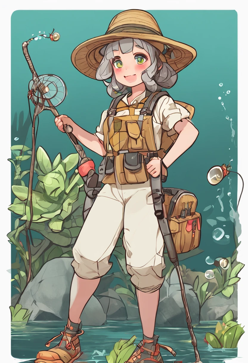 Cartoon girl in hat and fishing net, insect trainer girl, wearing a fisher 🧥, Female protagonist 👀 :8, chihiro! fujisaki, Female explorer mini cute girl, Fanart, official fanart, High-quality fanart, touhou character, Abigail from Stardew Valley, full body portrait of a short!, style in ghibli anime style, resin,Q version characters