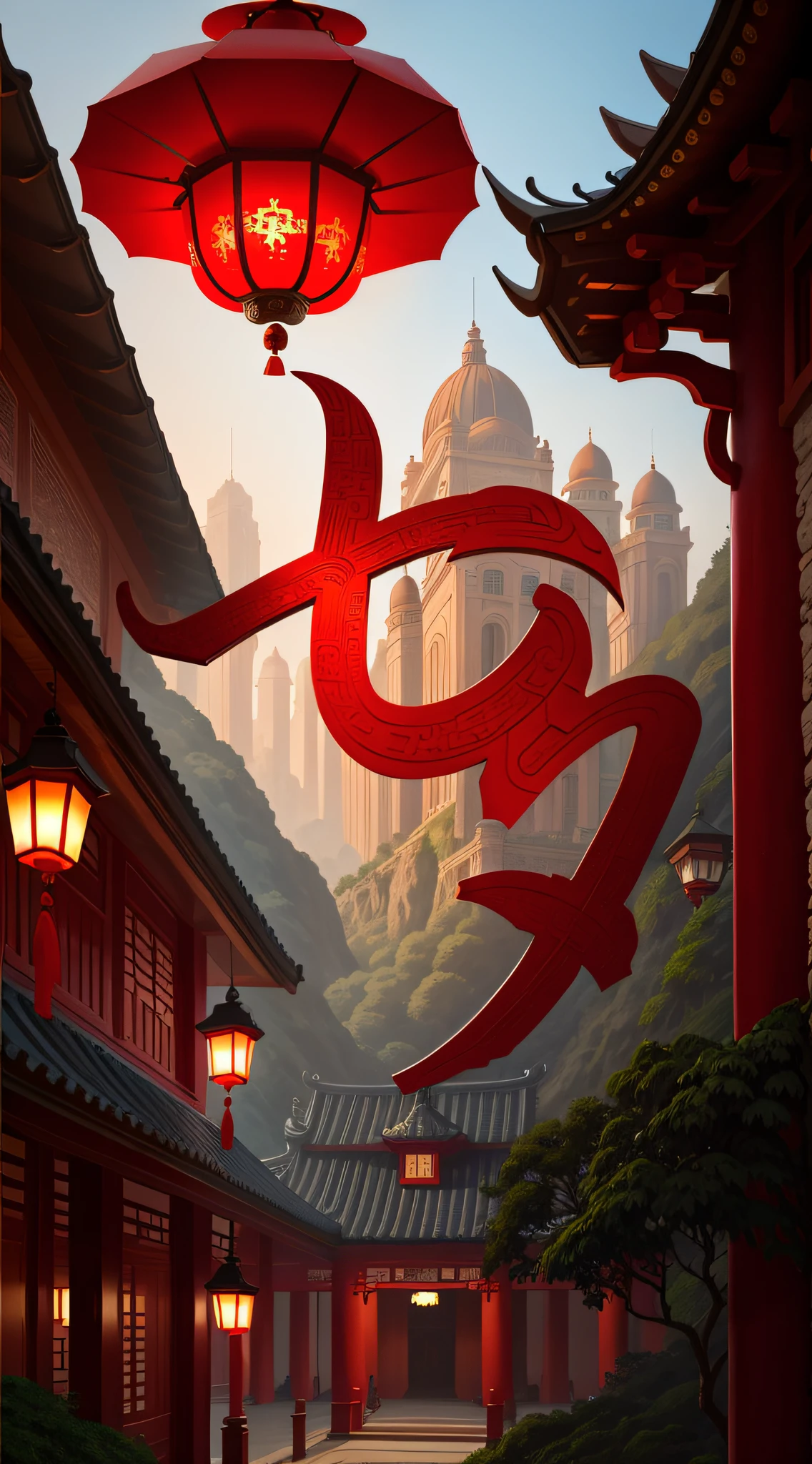 Chinese style,Big red lantern,Rockery.arte em papel cortado,Historic buildings.Pavilion,Masterpiece,High quality,Ultra detailed,Super refined,8K,