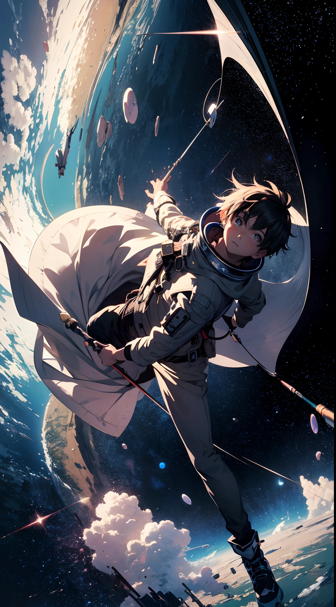 ridiculous resolution, high resolution, (masterpiece:1.4), super detailed, 1boy, seen from above, space, floating, --v 6