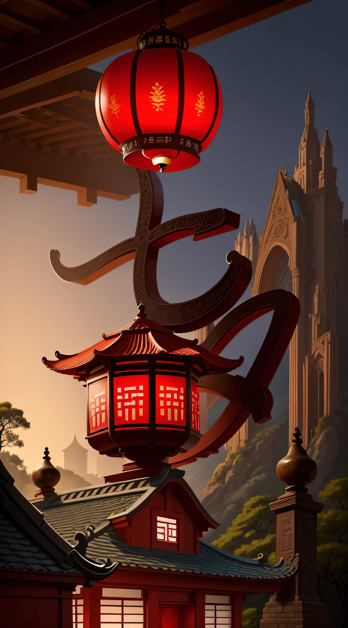 Chinese style,Big red lantern,Rockery.arte em papel cortado,Historic buildings.Pavilion,Masterpiece,High quality,Ultra detailed,Super refined,8K,