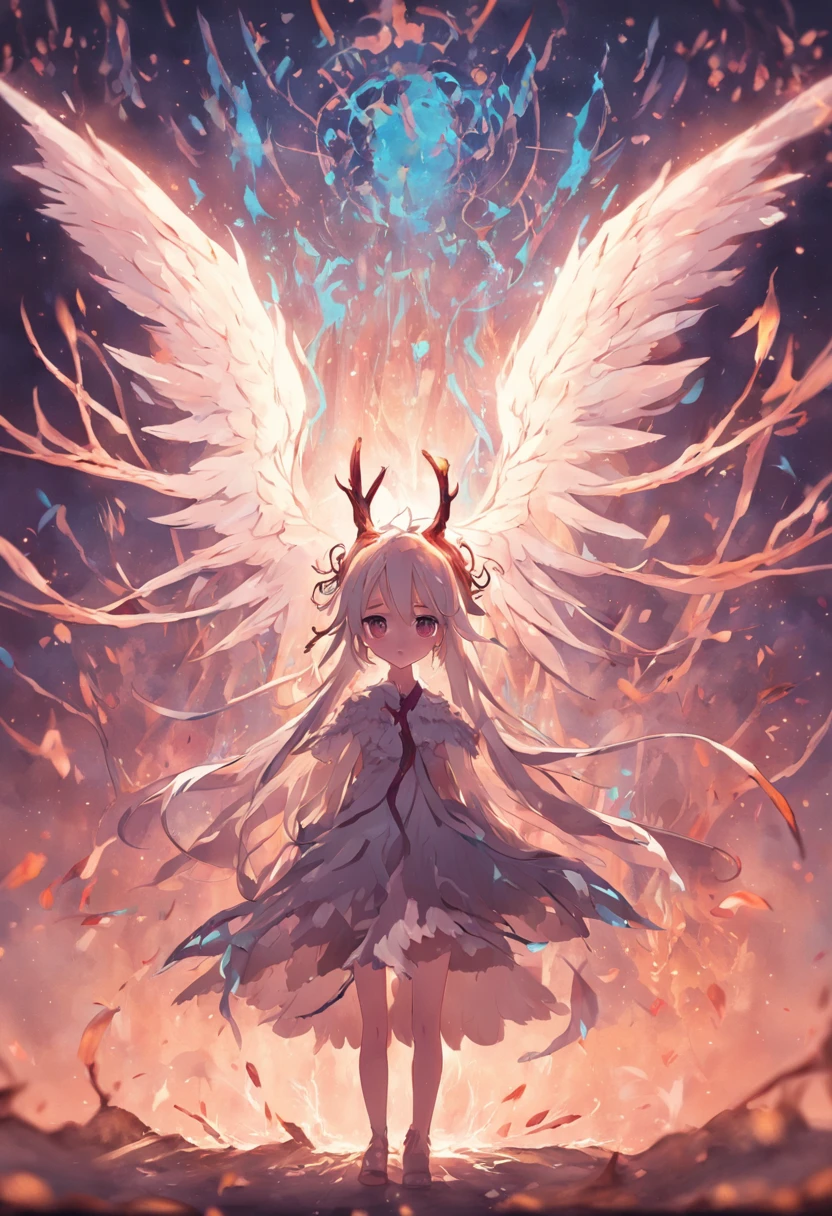 Horizontal antlers,The shattered aura glows warmly and brightly between the antlers
Except for a pair of wings behind it,Layers of broken feathers,There are wings underneath,It is a tentacle covered with white scales,They also omit feathers scattered at the ends,It doesn't seem to have grown up yet
A grotesque but beautiful monster