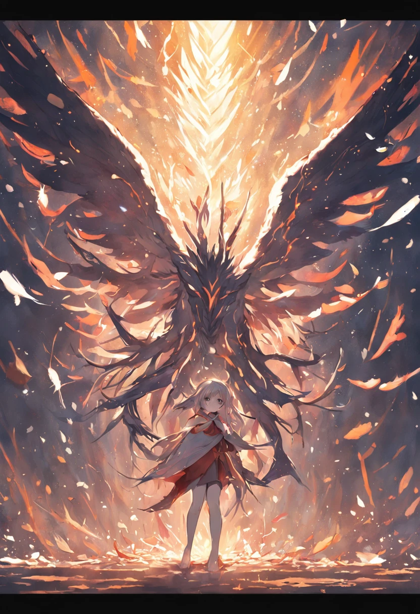 Horizontal antlers，The shattered aura glows warmly and brightly between the antlers
Except for a pair of wings behind it，Layers of broken feathers，There are wings underneath，It is a tentacle covered with white scales，They also omit feathers scattered at the ends，It doesn't seem to have grown up yet
A grotesque but beautiful monster