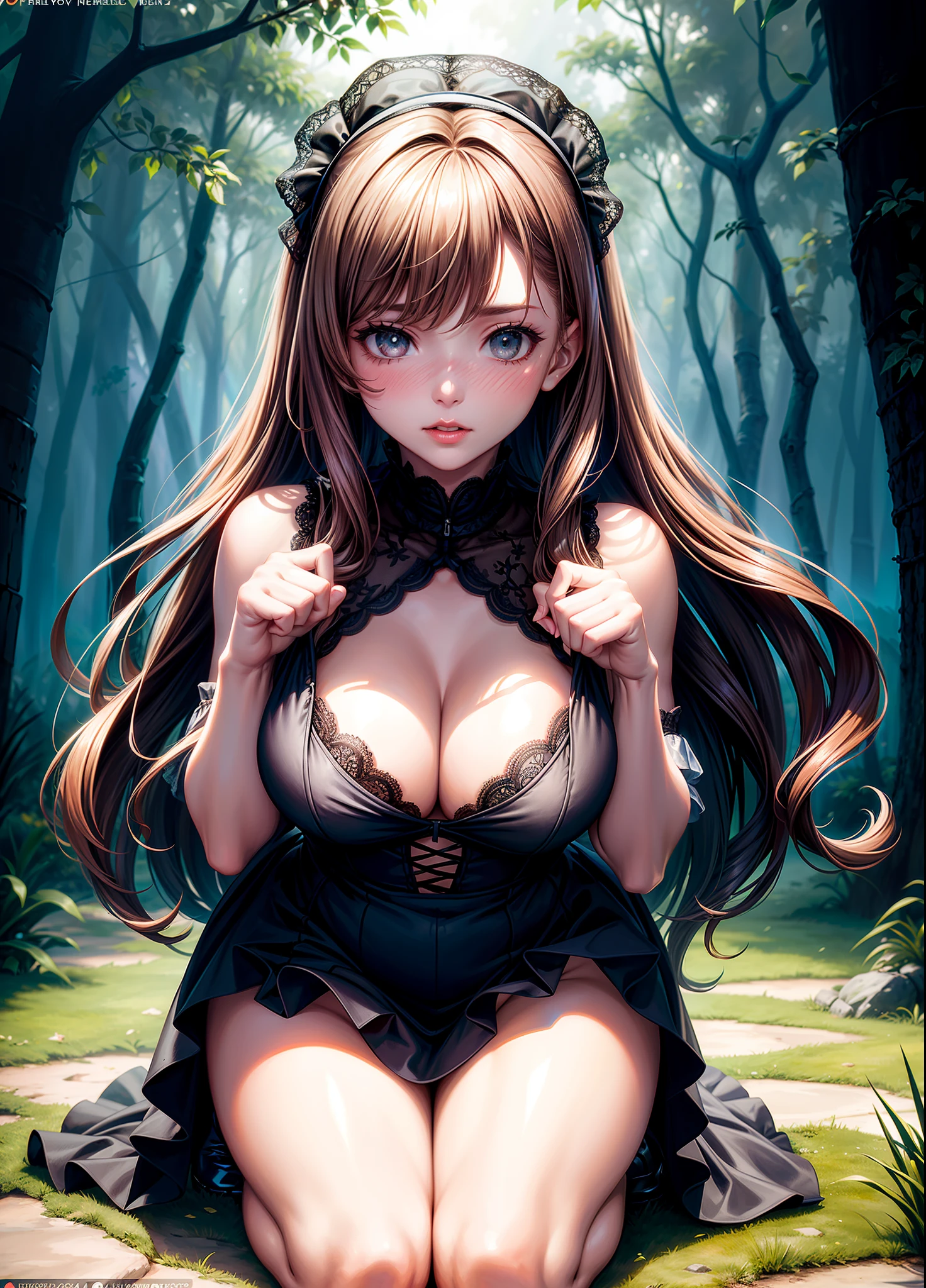 (dynamic pose: 1.5), (Her hands are above her breasts: 1.5), (1girl: 1.33), (cute black ta dress: 1.6), (kneeling on the ground: 1.4), chest, brown_hair, décolleté, collarbone, openwork nets, lips, (looking_at_viewer: 1.6), transparent bra, (futuristic forest: 1.2), (She's blushing and embarrassment: 1.5), large breasts, parted_lips, realistic, shoulder length hair, solo, UHD, 4k, intricate details, Dynamic lighting, elaborate details. Cinematic presentation, cinematic lighting.