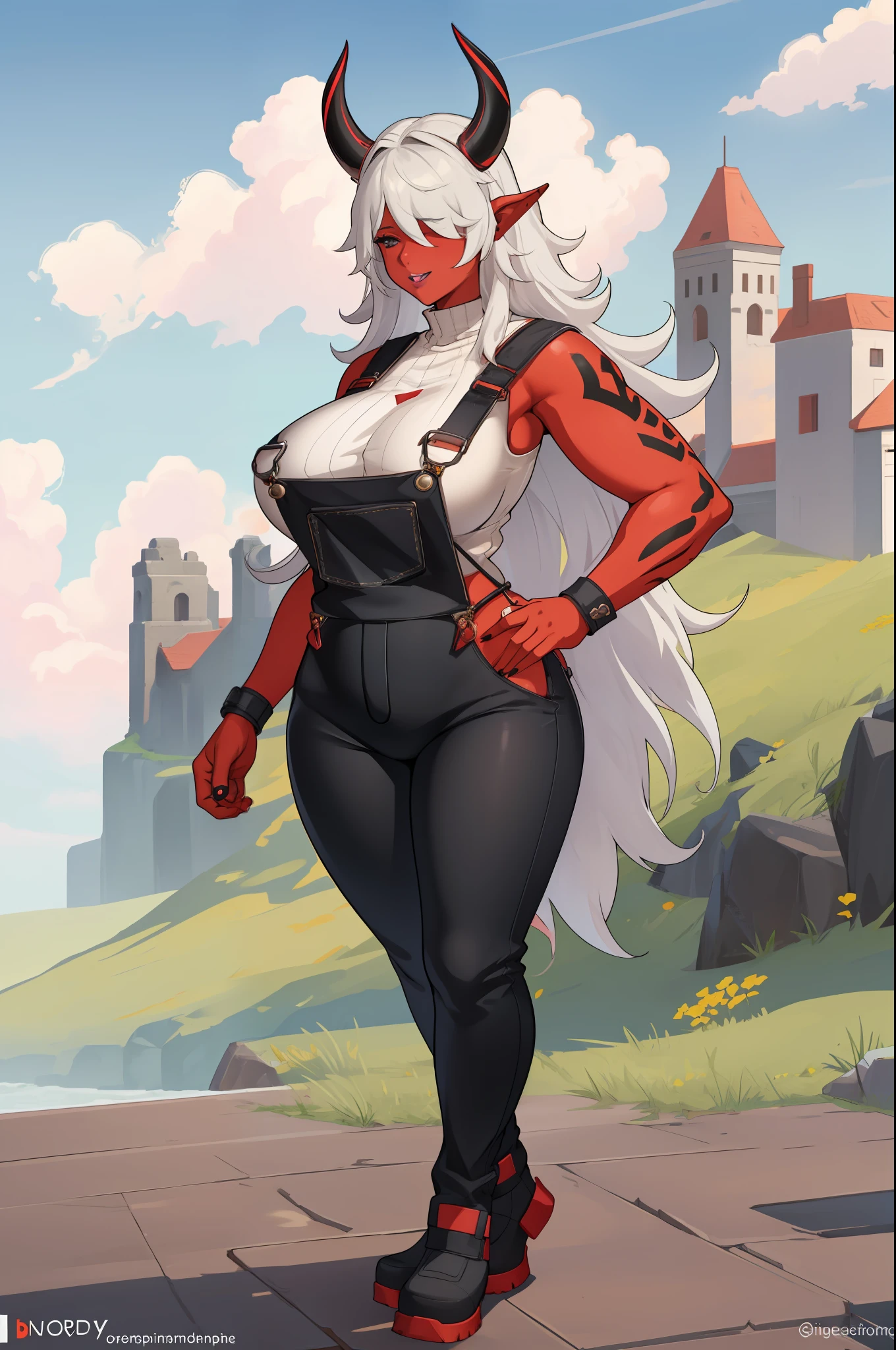 1girl, solo, huge breasts, , wide hips, thick thighs, curvy, black overalls, bDesdemona, red skin, white hair, , horns , pants, cloak, pullover, full body