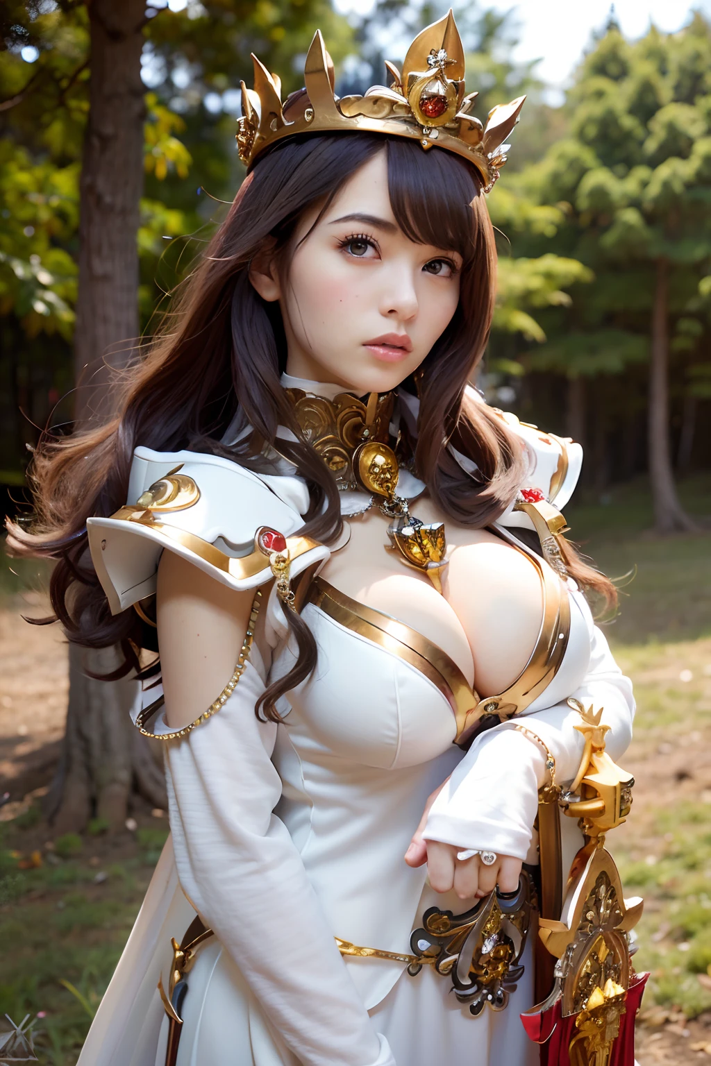 (masutepiece), Professional , ​masterpiece、top-quality、photos realistic , depth of fields ,（Wind element），close-up，dream magical，tornado，Lightning，（Gemstone Silver Jewel Body:1.９),(Matte White、Jewel Gold Weapon_（Metal:1.４),Gorgeous Jewel Metal Weapons , Detailed Sword of the Brave , Beautiful knife   ,warhammer 40k , adepta sororitas,Detail and ornate jewel crown、Brown hair、Gangle's forest background、Beautiful Caucasian beauty、１a person、dynamic ungle,(((Detailed and ornate diamond crown)))、Particles of light、cleavage of the breast、