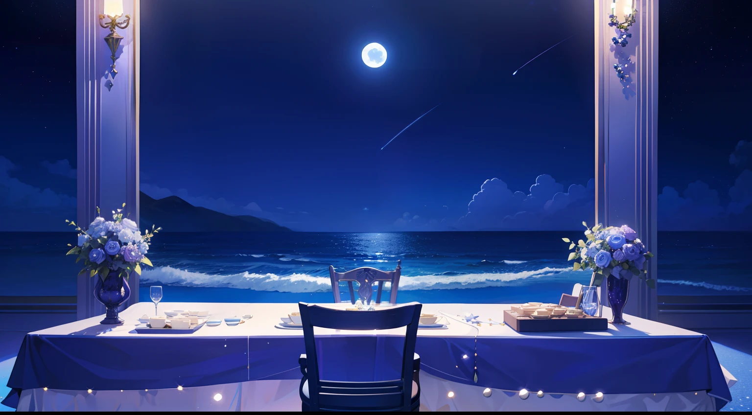 Best Category-Visual Arts: "create a table with the backdrop un mar con estrellas y luna grande. The scene is in a purple and blue color scheme, con tematica de noche , con decaracion de linternas."