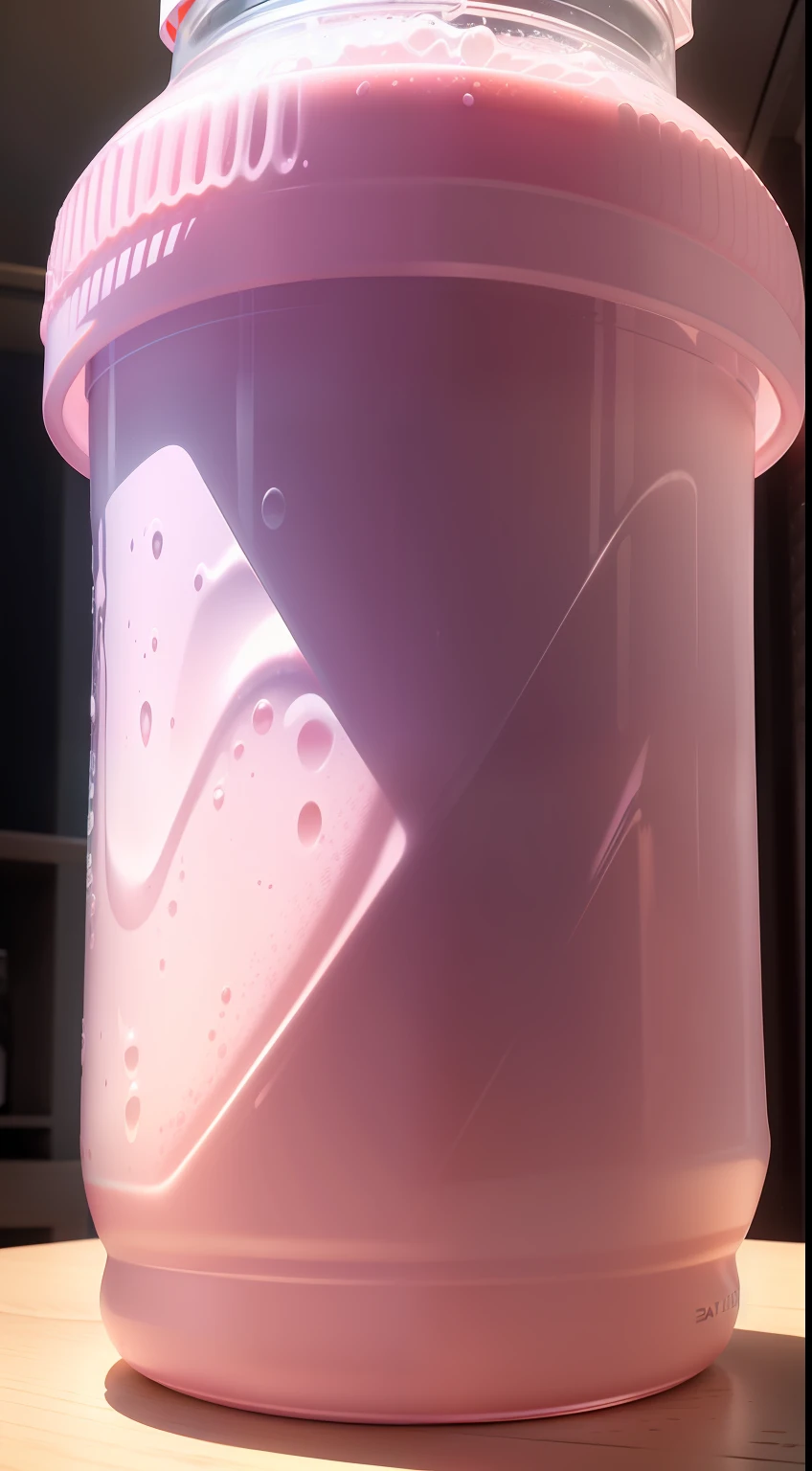 Lactic acid bacteria beverage HD closeup, pink packaging, strong texture, milk fluctuations in the bottle, textured space background, Hyperrealism, ray tracing, projected inset, from outside, from below, Sony FE GM, Sony FE, UHD