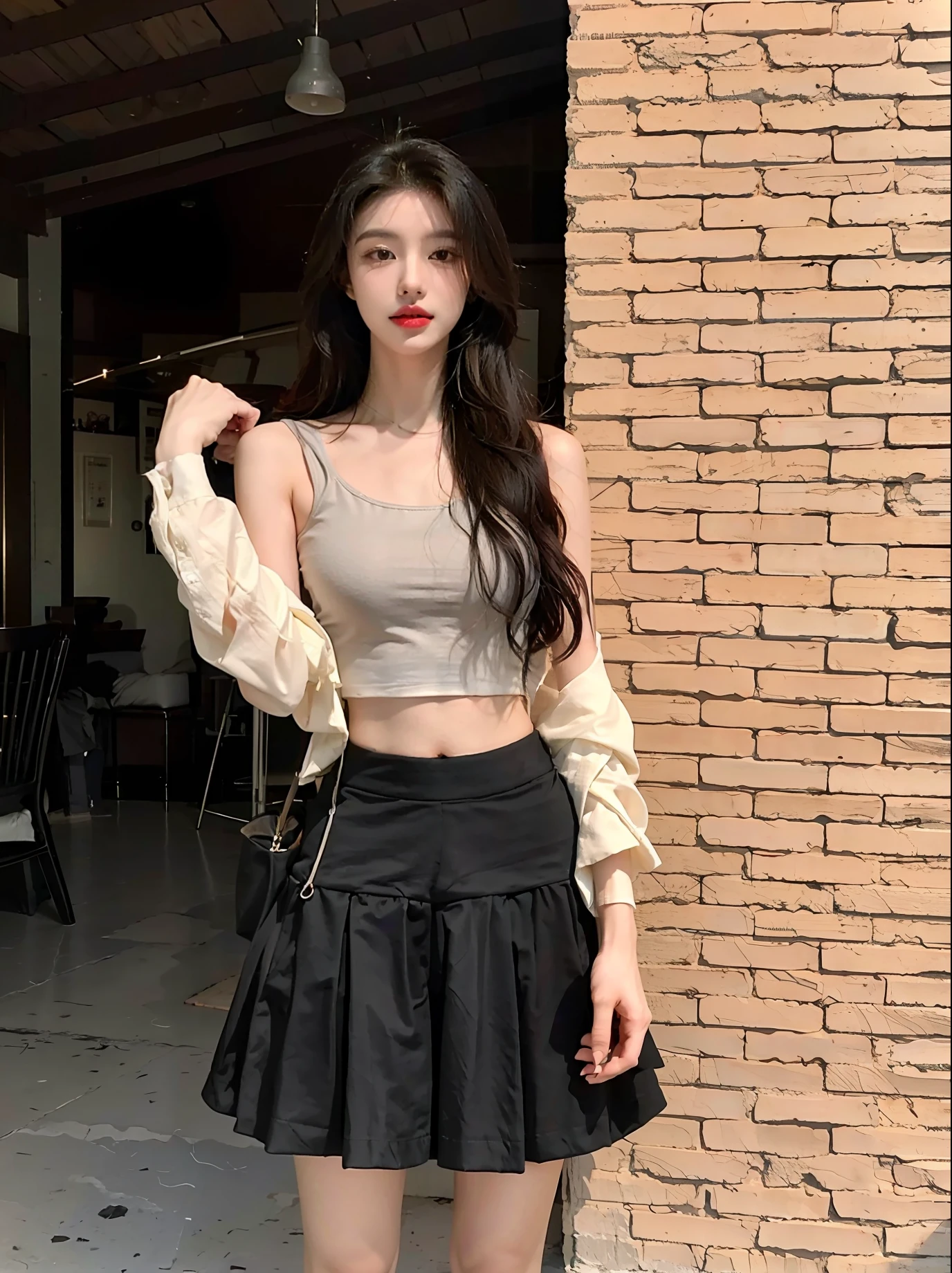 Allad Asian woman posing for photo in skirt and crop top pose, Gorgeous young Korean woman, wearing sexy cropped top, beautiful Korean women, photo of slim girl model, wearing a black cropped tank top, dilraba dilmurat, wearing a cropped black tank top, Korean girl, Beautiful young Korean woman, Attractive girl, photo of slim girl，（（（Open-mouthed））），（（（teeth））），seductiv