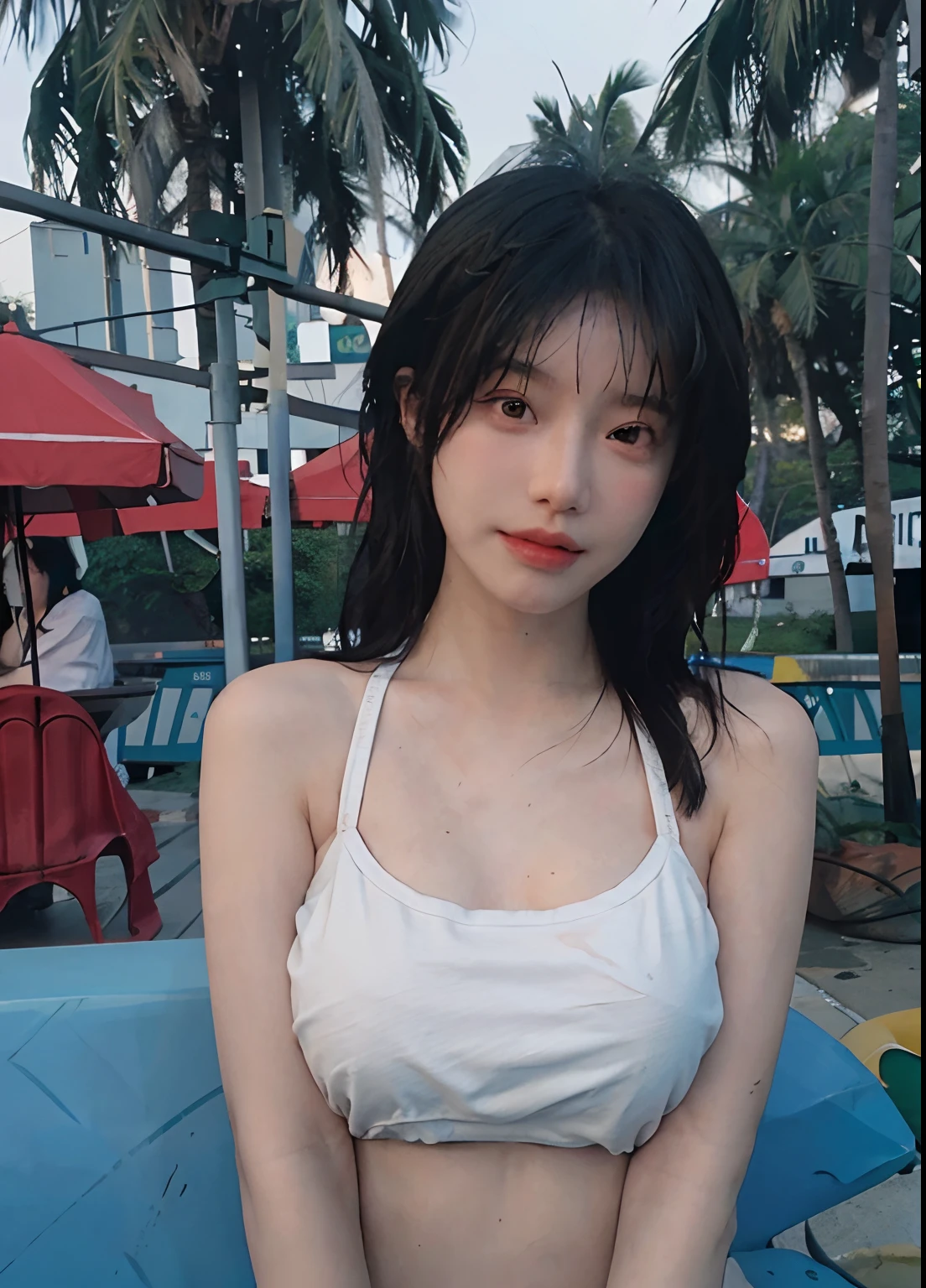 Best quality,masterpiece,ultra high res, girl infront of coffee shop, (photorealistic:1.4),1girl,sexy,(bikini:1.2),(bra:1.2),(large breast:1.3),(upper body:1.4),(seaside:1.4),(wet body),(:1.2)