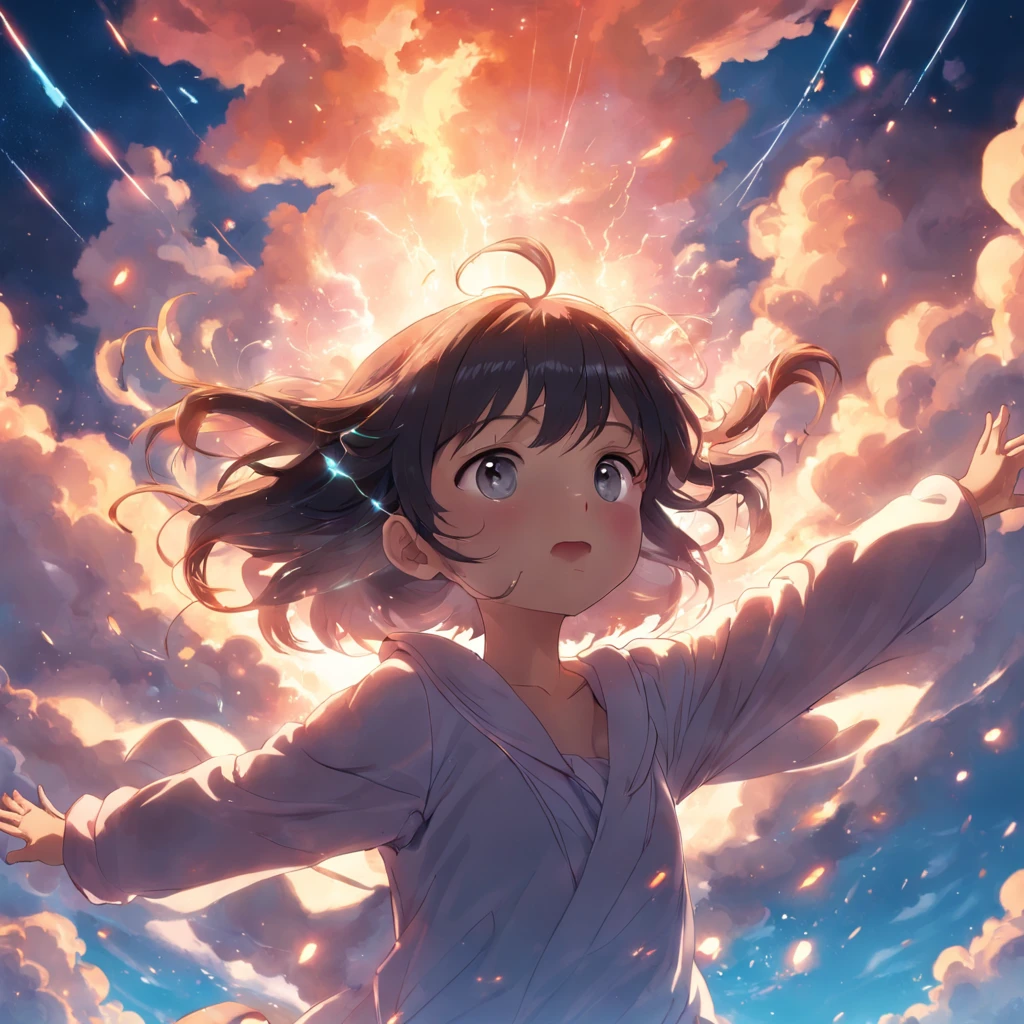 masterpiece, best quality, movie still, 1girl, cloud girl, floating in the sky, close-up, bright, happy, warm soft lighting, sunset, (sparks:0.7)