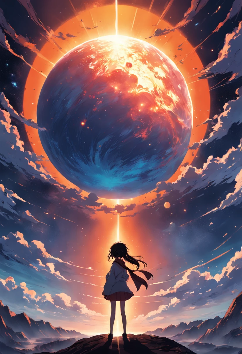 The big sun contrasts with the tiny earth