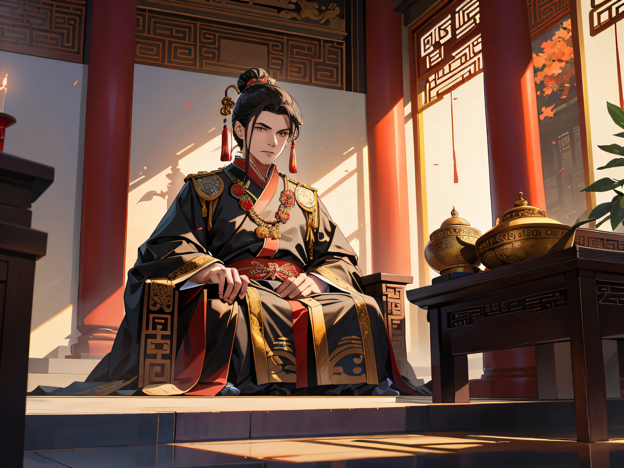 there is a man sitting on a chair in a room, Chinese Imperial Palace,Handsome-looking