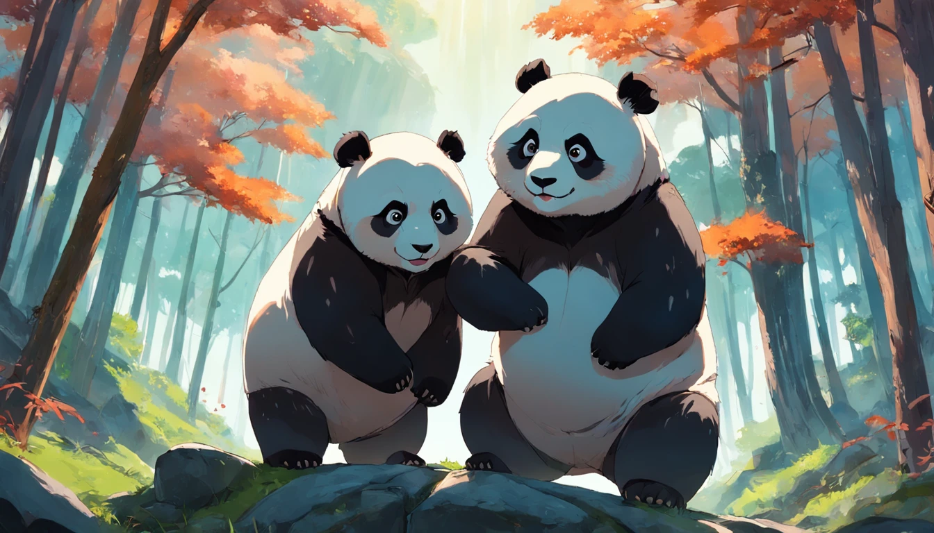 tmasterpiece, best qualityer, cinematic Film still from, Two pandas, Close-up Shot Shot,Bright and bright, cheerfulness, Soft lighting and warmth, natta, Panda looking up at the sky in the forest