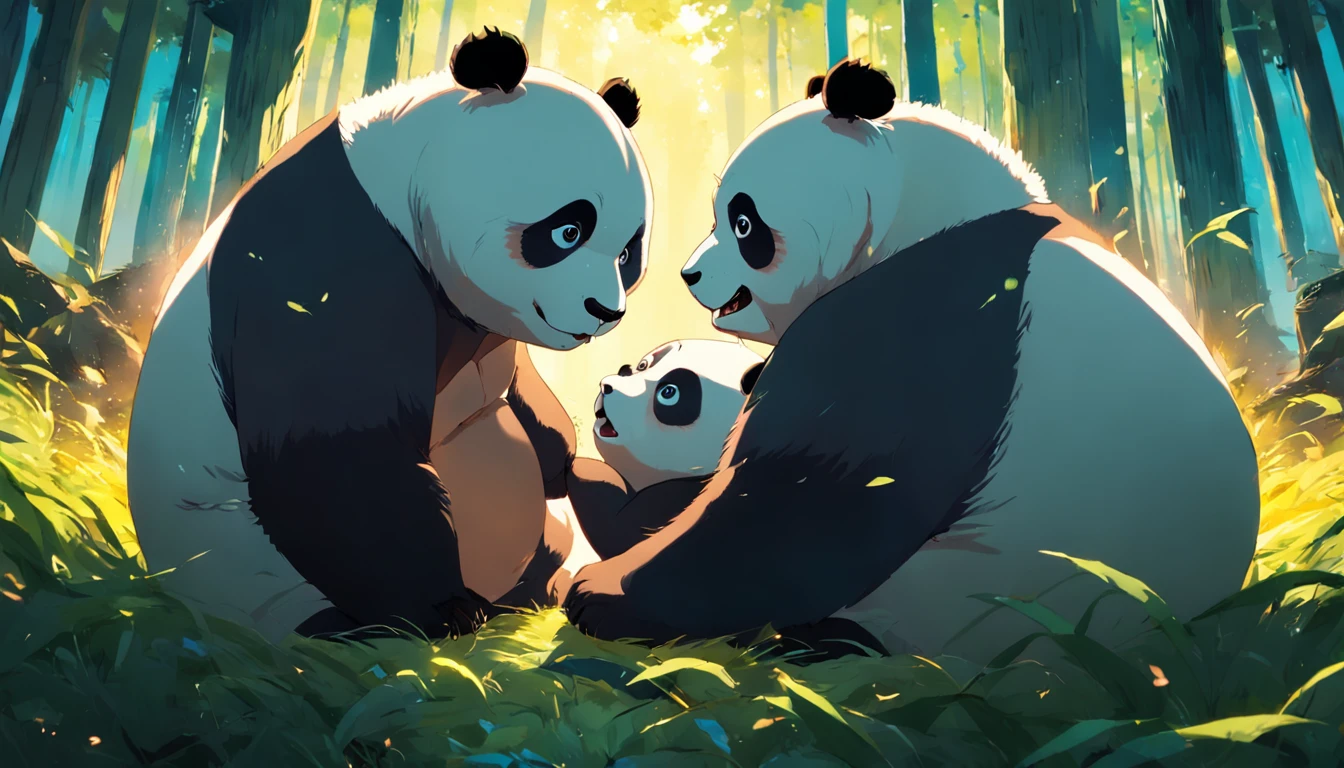 tmasterpiece, best qualityer, cinematic Film still from, Two pandas, Close-up Shot Shot，Bright and bright, cheerfulness, Soft lighting and warmth, natta, Panda looking up at the sky in the forest
