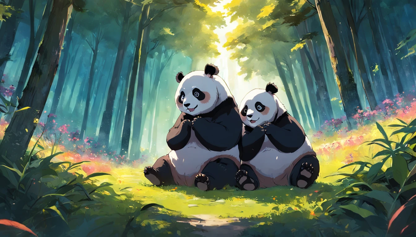 tmasterpiece, best qualityer, cinematic Film still from, Two pandas, Close-up Shot Shot,Bright and bright, cheerfulness, Soft lighting and warmth, natta, Panda looking up at the sky in the forest