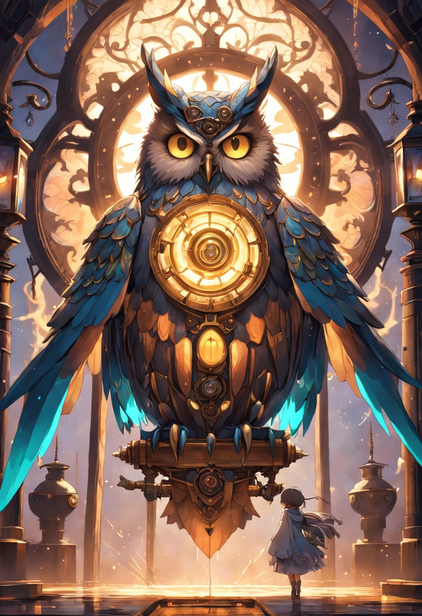 Incarnate ethereal owl, Steampunk, mystical aura, resplendent gas lamps, (Universal alignment, Light manipulation, spectrum infusion, fantastical forge, meticulous creation, exquisite craftsmanship, unparalleled artistry, otherworldly essence, sublime realism, cinematic enchantment), Mech Enchantress