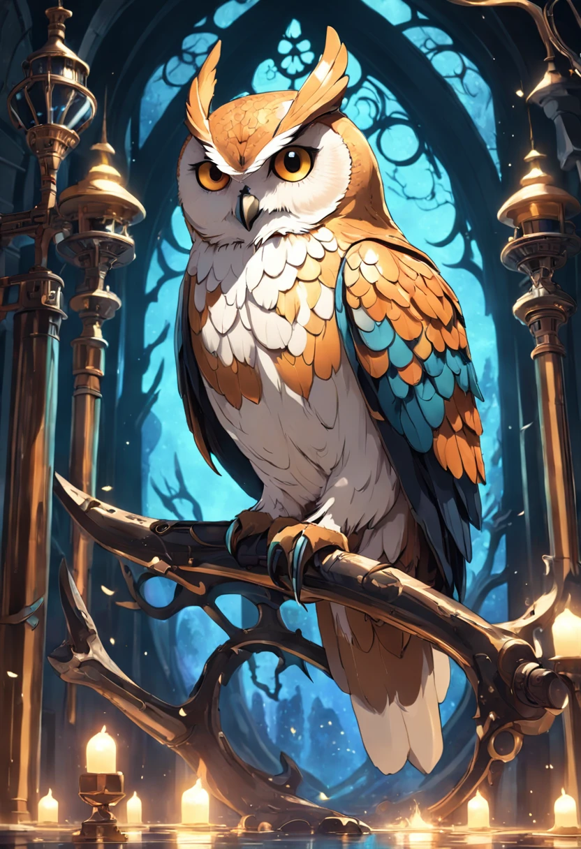 Incarnate ethereal owl, Steampunk, mystical aura, resplendent gas lamps, (Universal alignment, Light manipulation, spectrum infusion, fantastical forge, meticulous creation, exquisite craftsmanship, unparalleled artistry, otherworldly essence, sublime realism, cinematic enchantment), Mech Enchantress