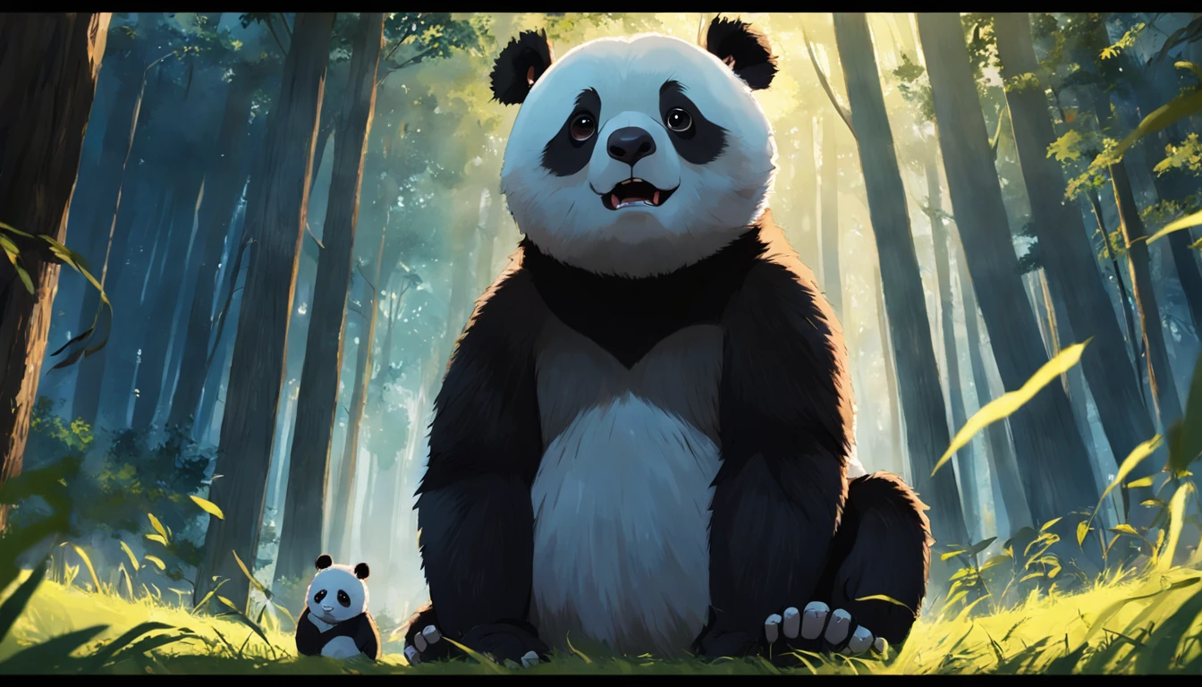 tmasterpiece,best qualityer,cinematic Film still from,1 panda,Close-up,natta,The panda looks up at the forest