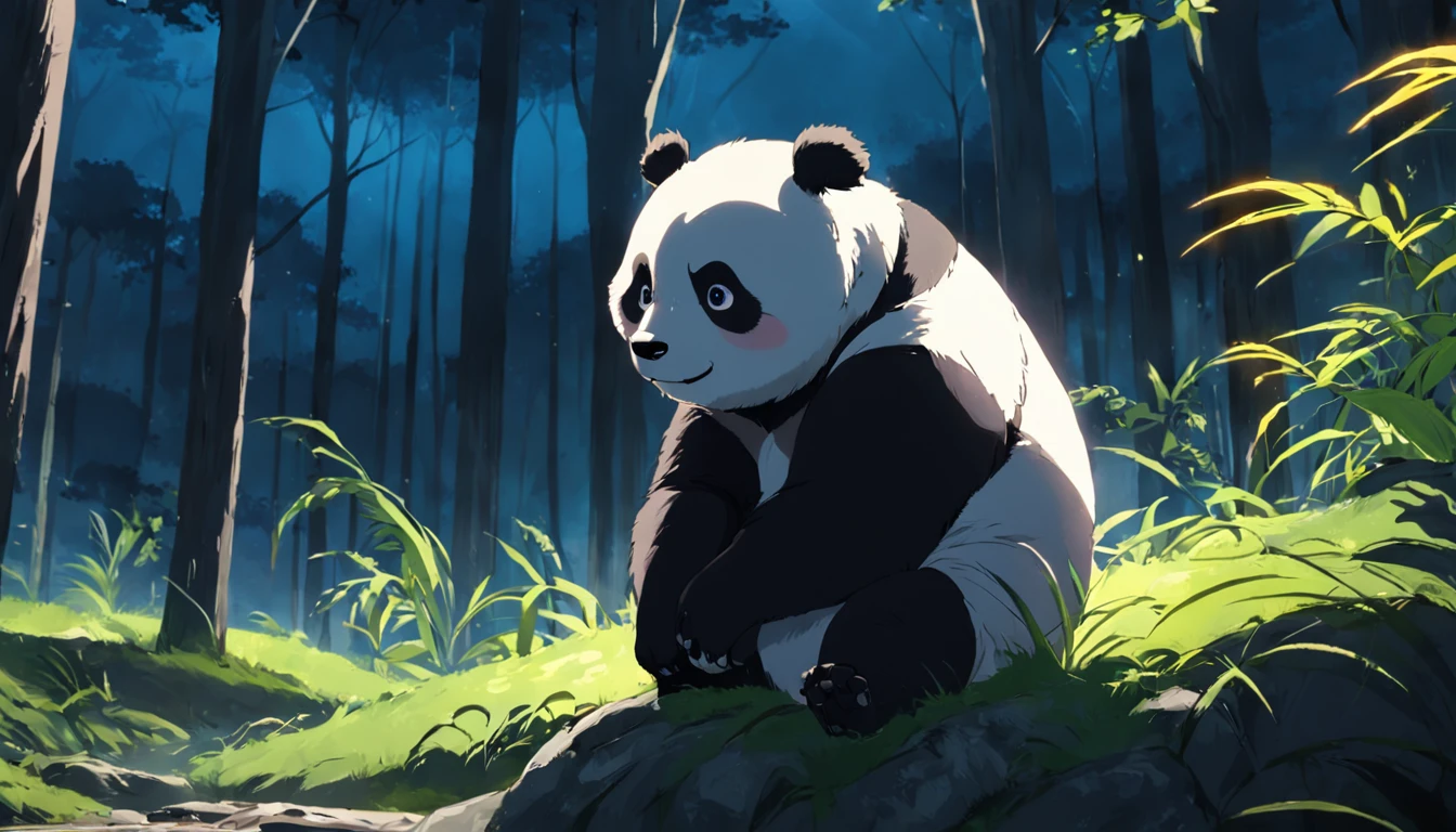 tmasterpiece,best qualityer,cinematic Film still from,1 panda,Close-up,natta,The panda looks up at the forest