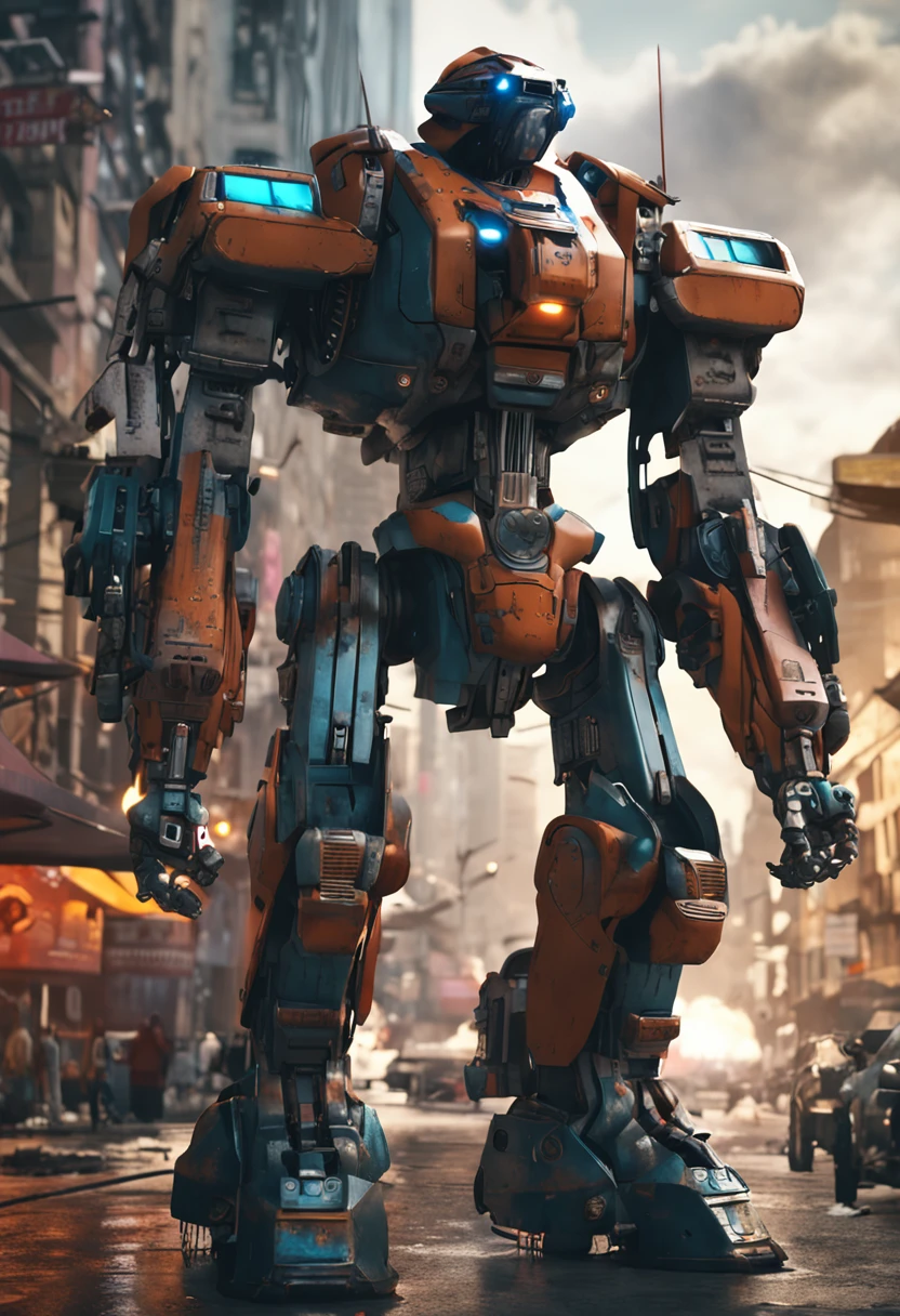 sky, cloud, holding_weapon, no_humans, glowing, , robot, building, glowing_eyes, mecha, science_fiction, city, realistic,mecha