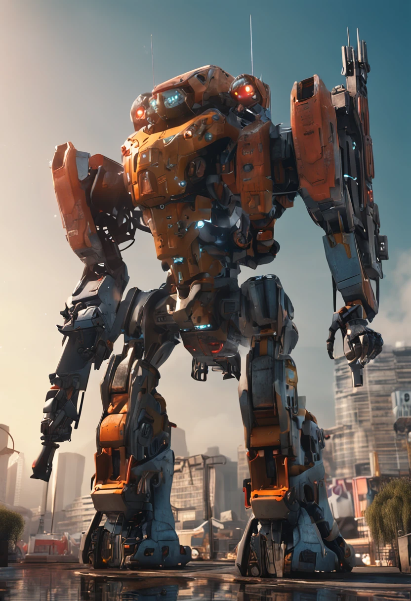 sky, cloud, holding_weapon, no_humans, glowing, , robot, building, glowing_eyes, mecha, science_fiction, city, realistic,mecha