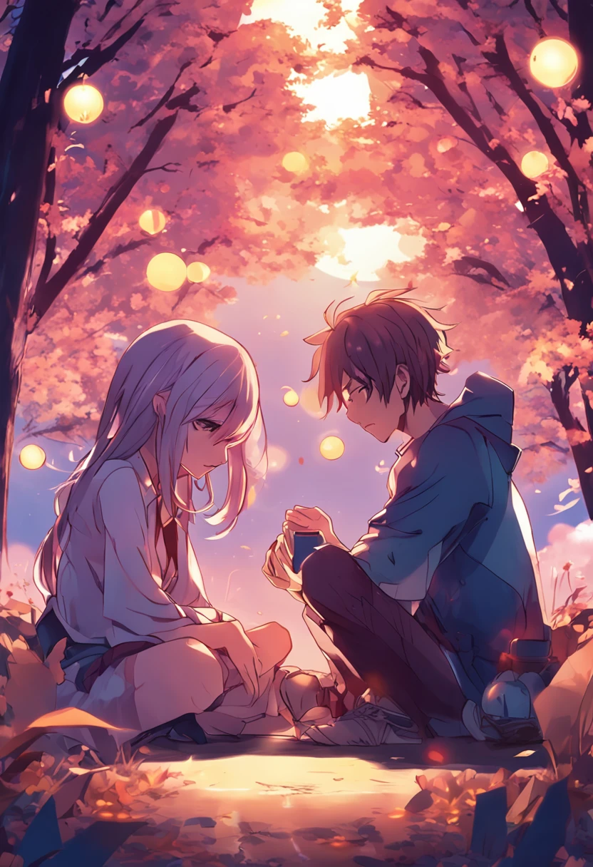 Anime couple sitting on the ground，There are glowing spheres,There are mooncakes， no game no life, beautiful fantasy anime, anime in fantasy style, zerochan art, hd anime wallaper, Anime fantasy artwork, anime wallaper, ethereal anime, Beautiful anime, Anime fantasy illustration, Beautiful anime artwork, anime artsyle, Beautiful anime art, pixiv contest winner, Digital art on Pixiv