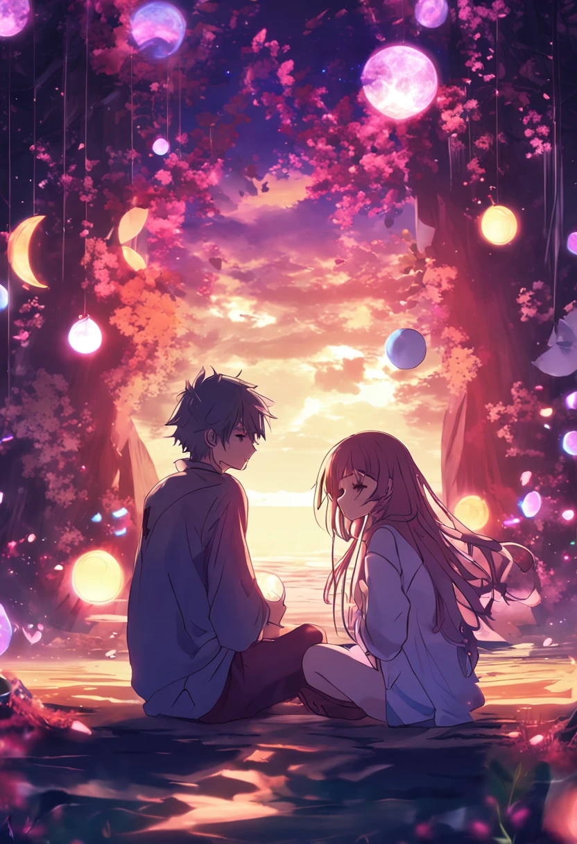 Anime couple sitting on the ground，There are glowing spheres,There are mooncakes， no game no life, beautiful fantasy anime, anime in fantasy style, zerochan art, hd anime wallaper, Anime fantasy artwork, anime wallaper, ethereal anime, Beautiful anime, Anime fantasy illustration, Beautiful anime artwork, anime artsyle, Beautiful anime art, pixiv contest winner, Digital art on Pixiv