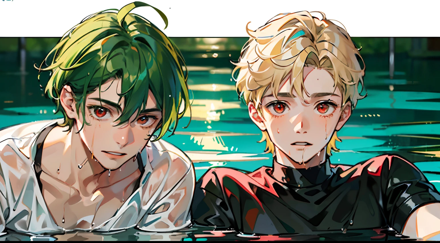 (Masterpiece: 1.4, Top quality), Two boys, (Wet shirt with cute young man and green hair and big brown eyes: 1.2), (Wet shirt with cool young man and very short blonde hair and red eyes: 1.2), Background sea, water gun
