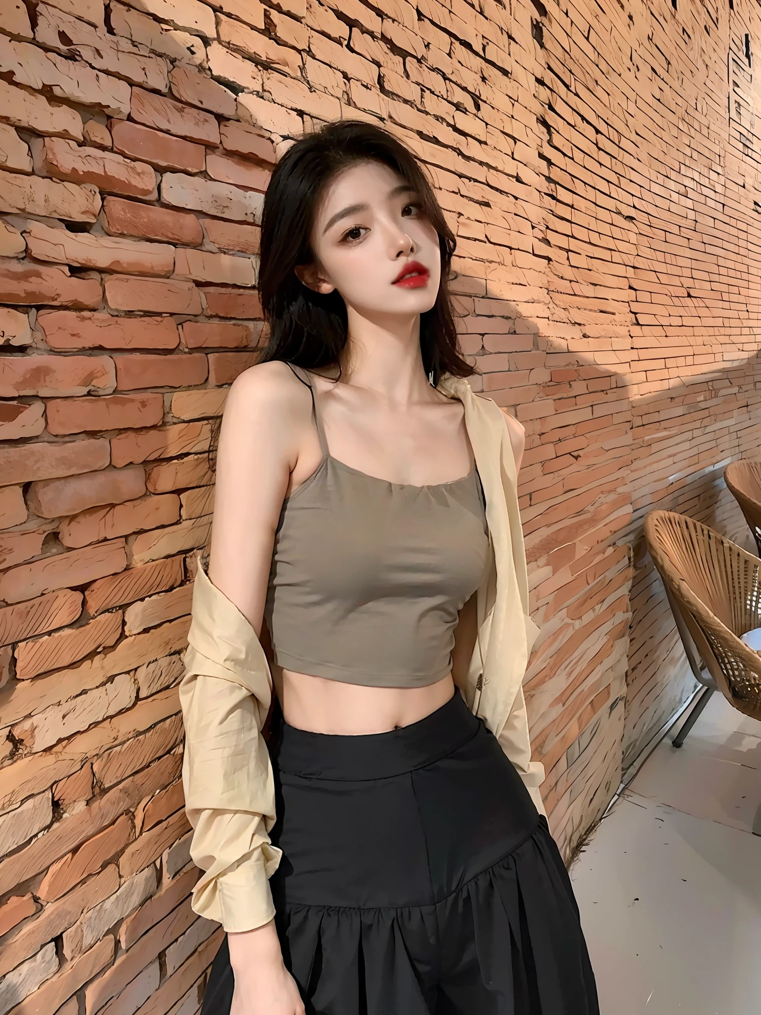 Arad Asian woman poses in skirt and crop top pose, Gorgeous young Korean woman, wearing sexy cropped top, beautiful Korean women, photo of slim girl model, wearing a black cropped tank top, dilraba dilmurat, wearing a cropped black tank top, Korean girl, Beautiful young Korean woman, Attractive girl, photo of slim girl，（（（Open-mouthed））），（（（teeth））），seductiv