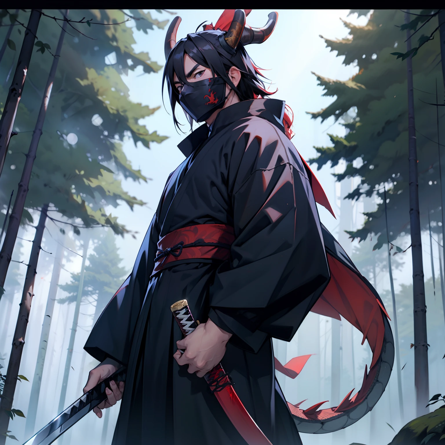 Dragon masked samurai holding a katana sword standing in the forest