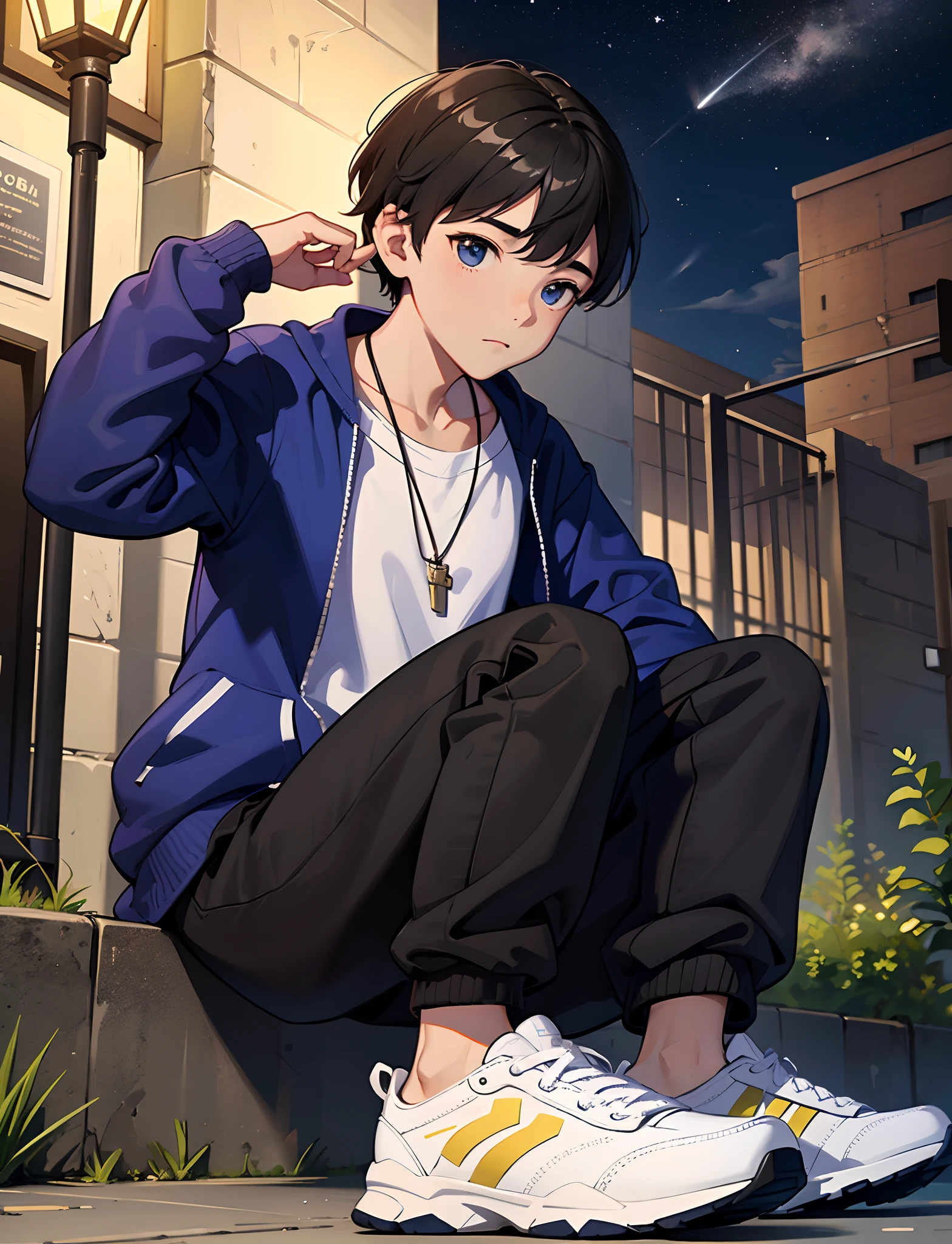 A young boy with，Dressed in casual attire，Wear sneakers，With a necklace，Sit under a street lamp，the night，looking up and counting the stars in the sky，Close-up of people，Ultra-high definition