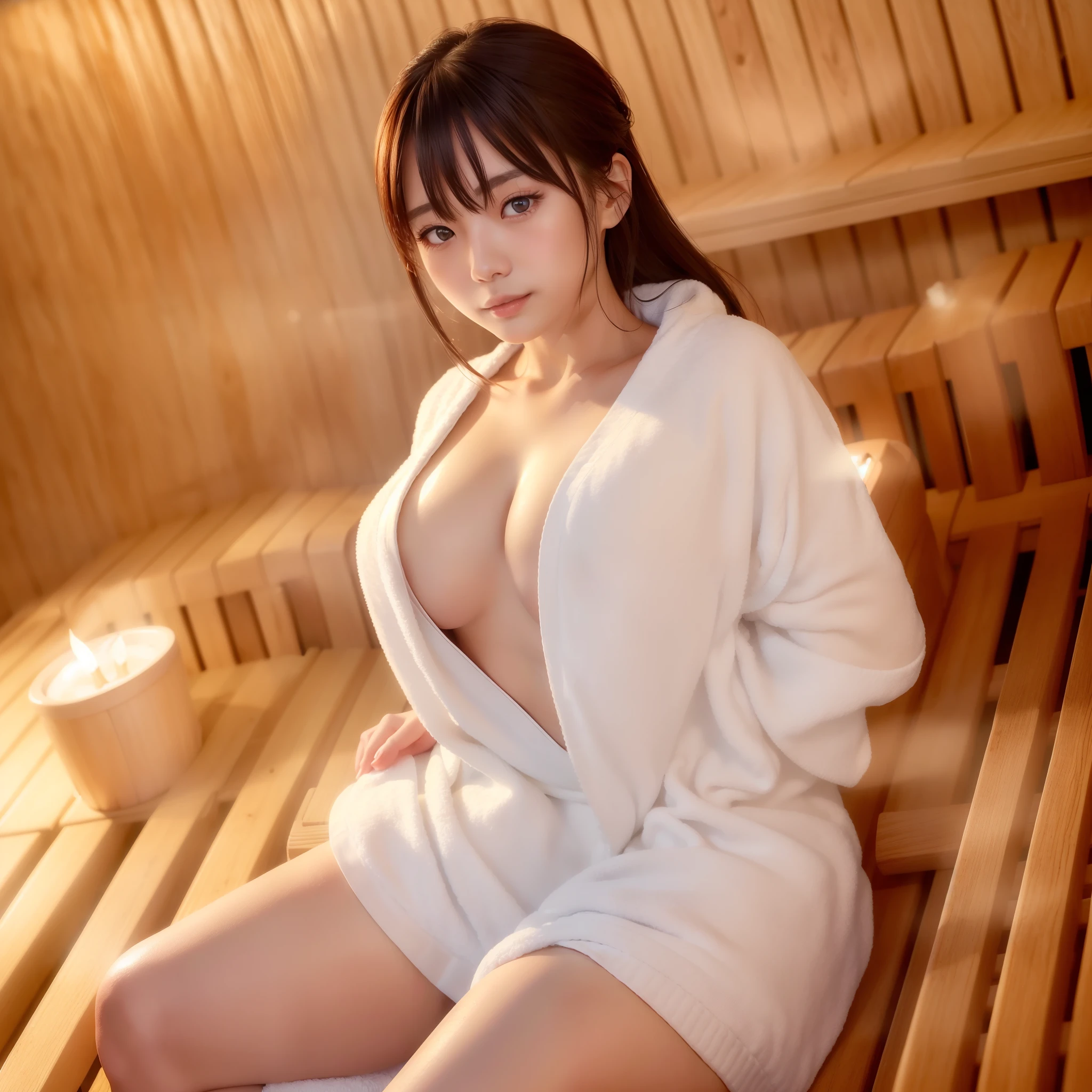 ((sauna、Glowing face、perspiring、Sitting with a bath towel wrapped around it、top-quality、8k、masterpiece:1.3))、foco nítido:1.2、Beautiful woman with perfect body:1.4、slim abdomen:1.2、((Layered Haircut、huge tit:1.2))、(Small and beautiful hard nipple) Highly detailed facial and skin texture、 A detailed eye、二重まぶた