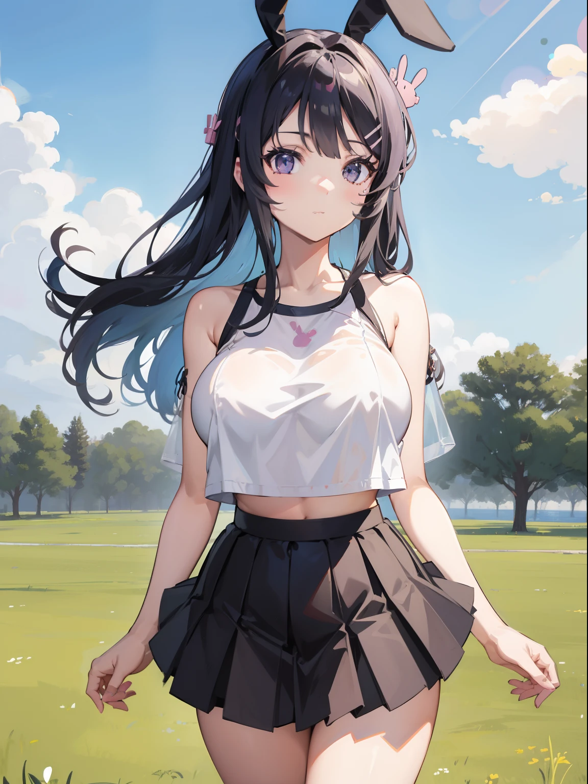 Mai sakurajima , bunny girl senpai, chubby curvy body, light black long hairs, purple eyes, ((naked)), grass field back ground, standing, facing viewer, skirt , two colored crop top, front view