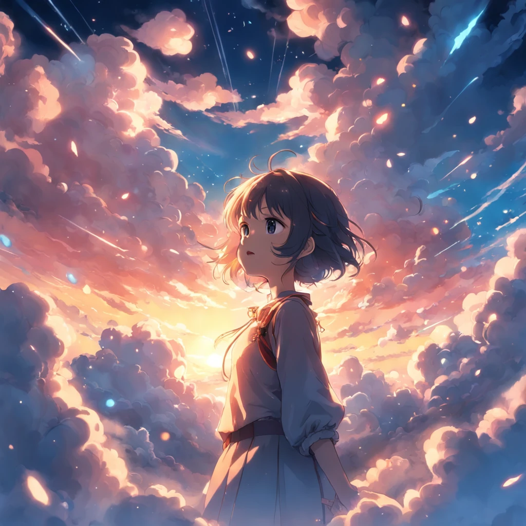 Masterpiece, Best Quality, Movie Stills, 1girl, Cloud Boy, Floating in the Sky, Close-up, Bright, Happy, Warm Soft Lights, Sunset, (Sparkle: 0.7)