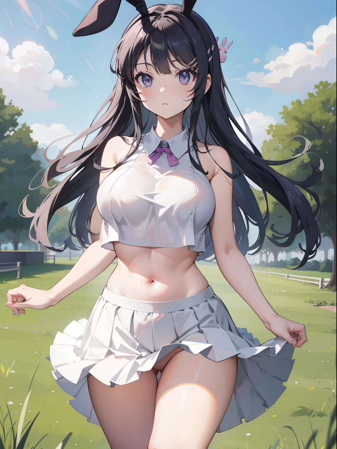 Mai sakurajima , bunny girl senpai, chubby curvy body, light black long hairs, purple eyes, ((naked)), grass field back ground, standing, facing viewer, skirt , two colored crop top, front view