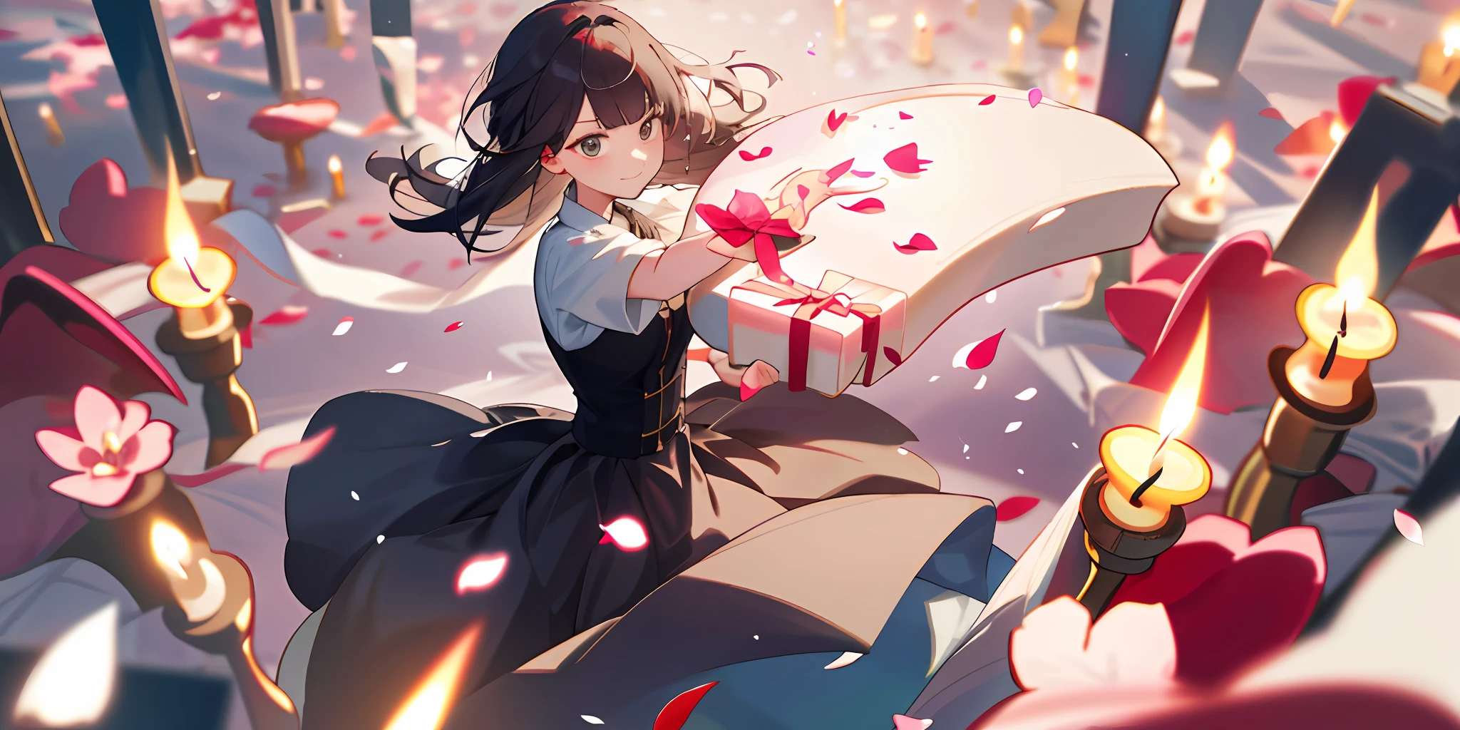 A woman who is,Hold a gift box with a heart,Surrounded by petals,waxy candles,