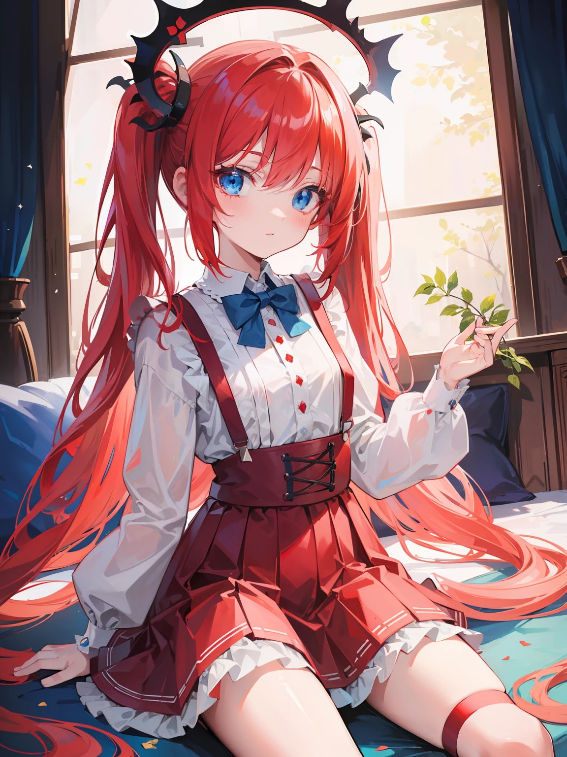 {{best quality}}, {{masterpiece}}, {{ultra-detailed}}, {illustration}, {detailed light}, red hair,blue eyes,twintails,ta,Suspenders skirt,Fantastic,lolio,Dragon horns,little gir