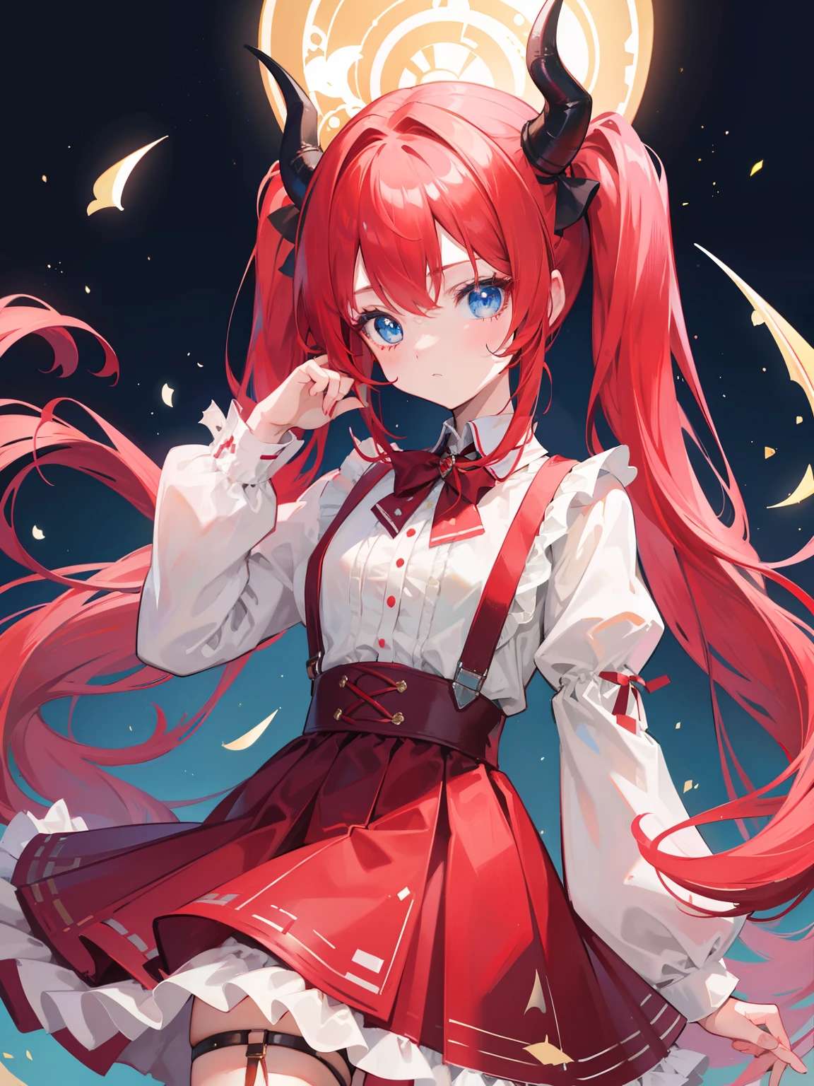 {{best quality}}, {{masterpiece}}, {{ultra-detailed}}, {illustration}, {detailed light}, red hair,blue eyes,twintails,lolita,Suspenders skirt,Fantastic,loli,solo,Dragon horns,little girl,long hair