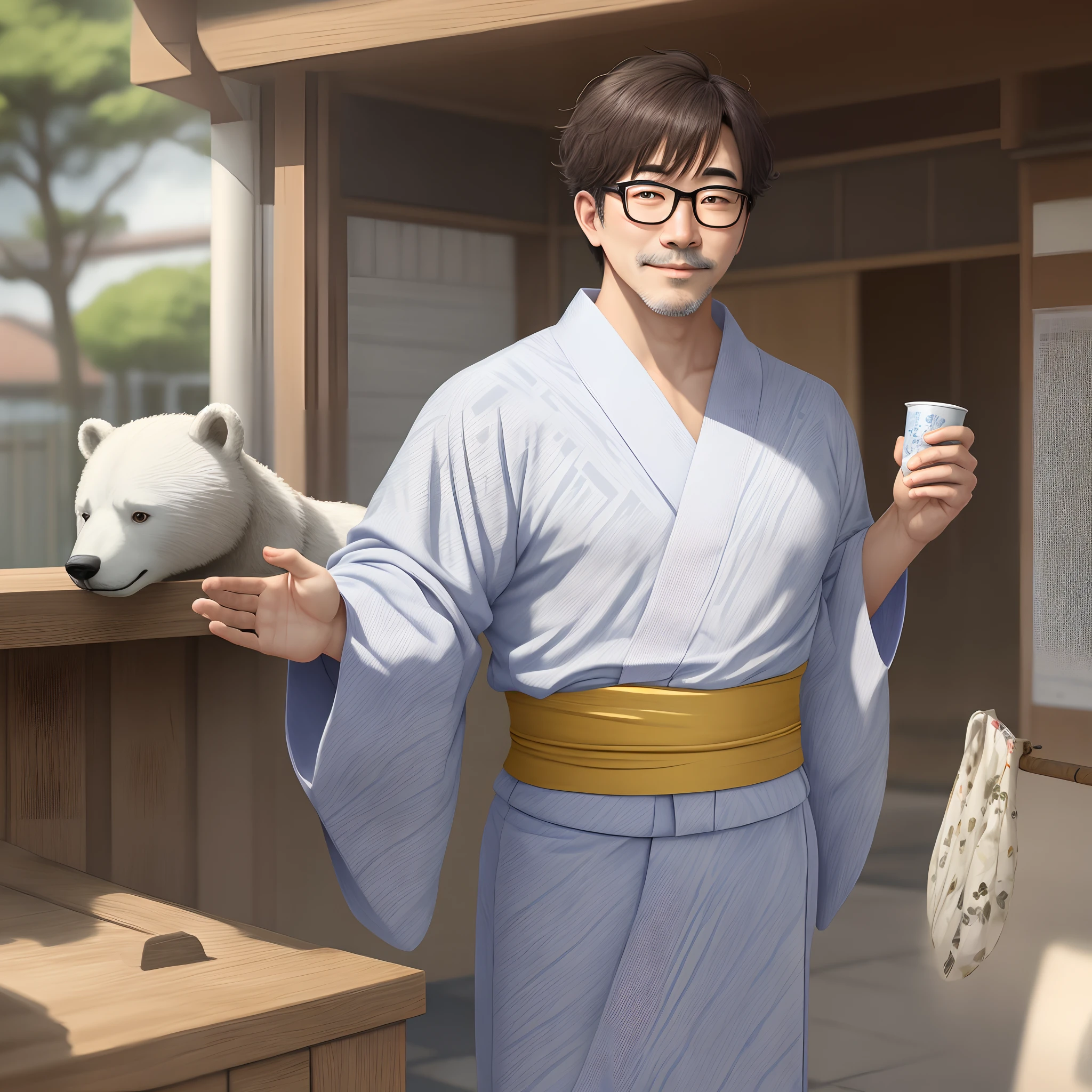 A scruffy white bear uncle with glasses,Wearing a yukata