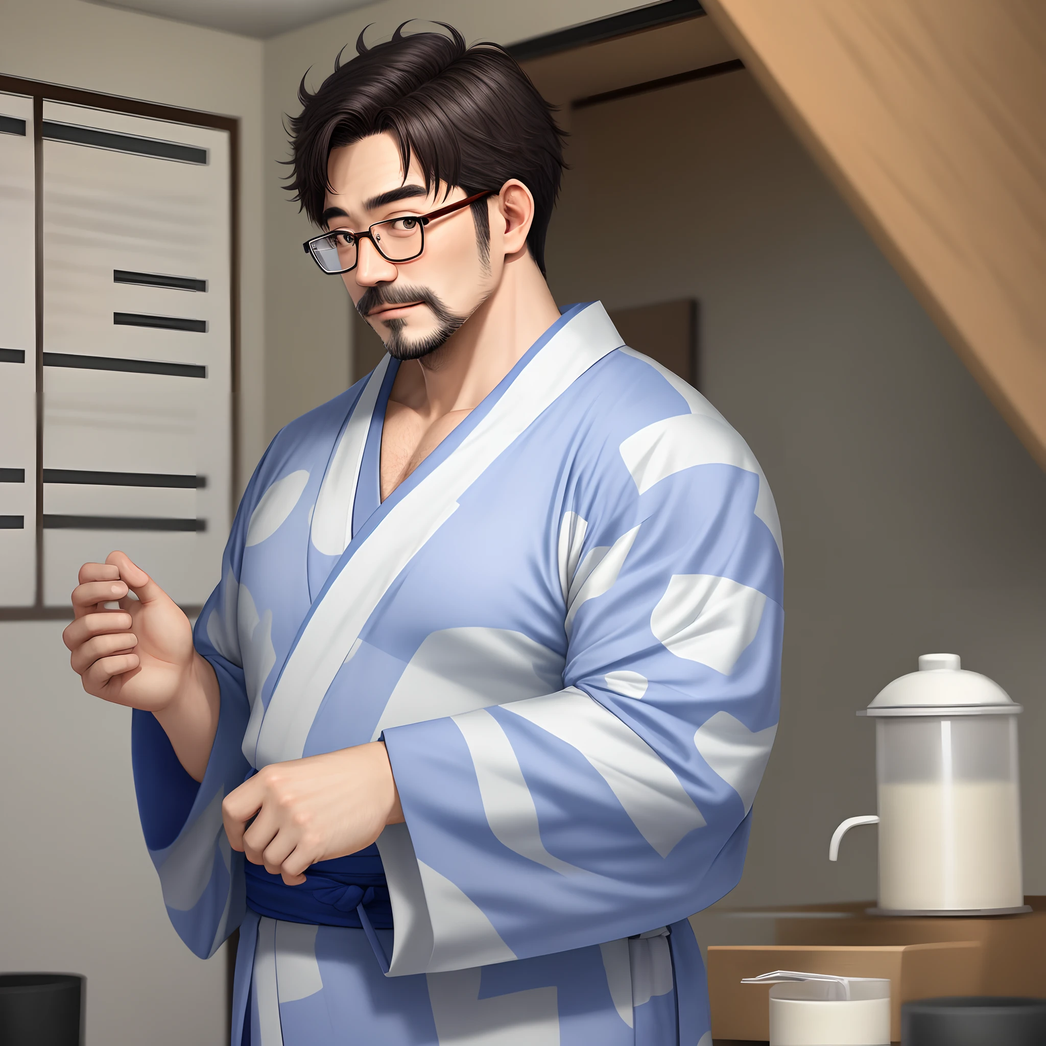 A scruffy white bear uncle with glasses，Wearing a yukata