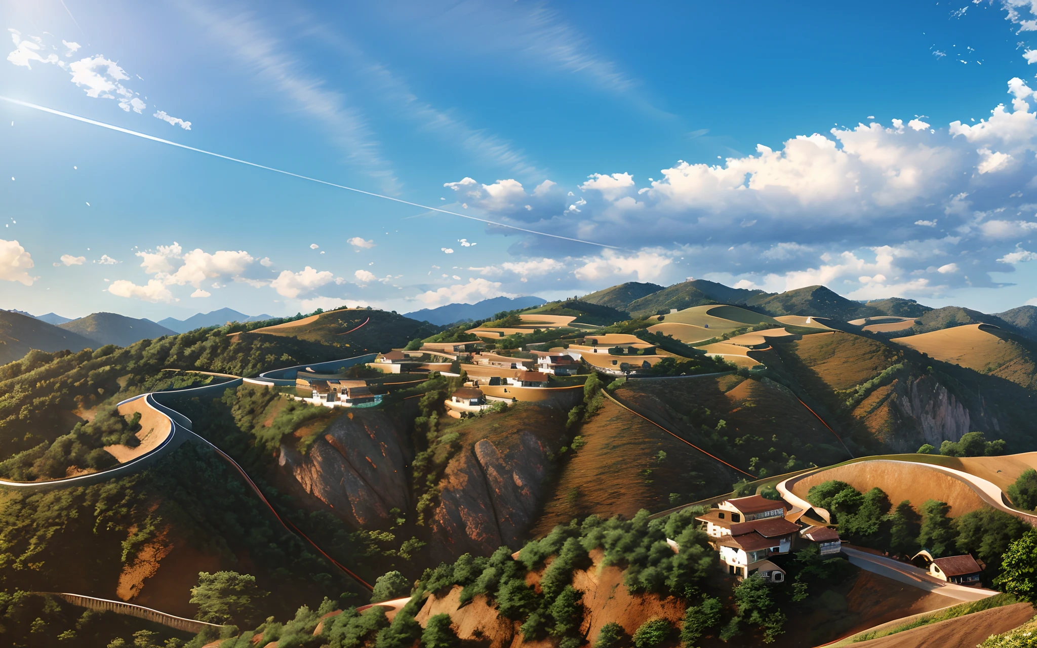 Loess slopes、clear blue skies、Gullies are crisscrossed，hillside，Quiet，rustic，high definition detail、hyper-detailing、cinematic ligh、ultra-realistic realism、Soft light、Deep field focus bokeh、Ray tracing and surrealism