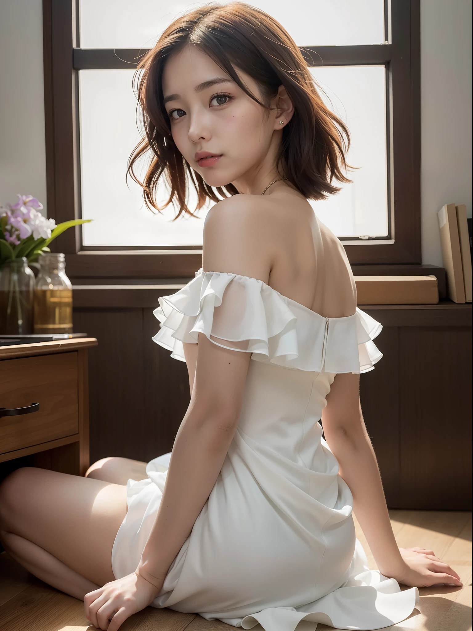 ((of the highest quality, 8K, masutepiece: 1.3, Raw photo)), Sharp Focus: 1.2, (1 AESPA Girl :1.1), Solo, (Realistic, Photorealistic: 1.37), (Face Focus: 1.1), Cute face, hyperdetailed face, Short messy hair, Small Smile, nude, (Off-the-shoulder chiffon dress: 1.3), thigh, sitting, look back, office, flower, iris