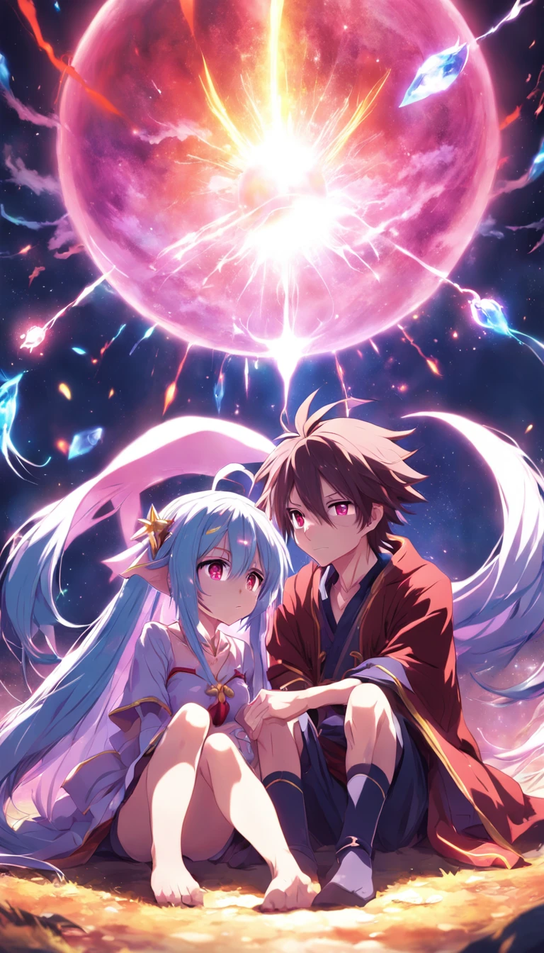 Anime couple sitting on the ground，With glowing spheres, no game no life, beautiful fantasy anime, anime in fantasy style, zerochan art, hd anime wallaper, Anime fantasy artwork, anime wallaper, ethereal anime, Beautiful anime, Anime fantasy illustration, Beautiful anime artwork, anime artsyle, Beautiful anime art