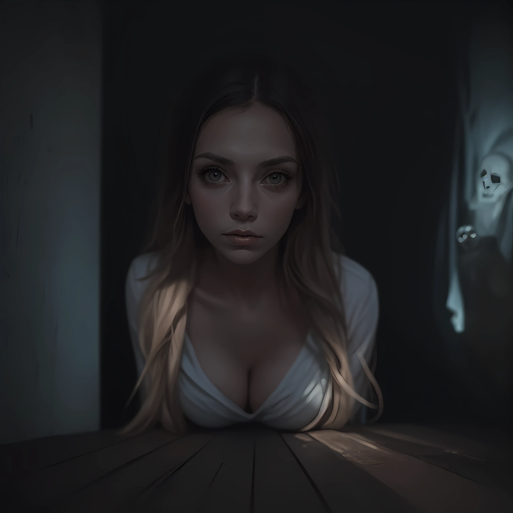 woman, age 30, milf, exploring a dimly lit attic, with ghostly figures lurking in the shadows and eerie portraits that seem to watch her every move.