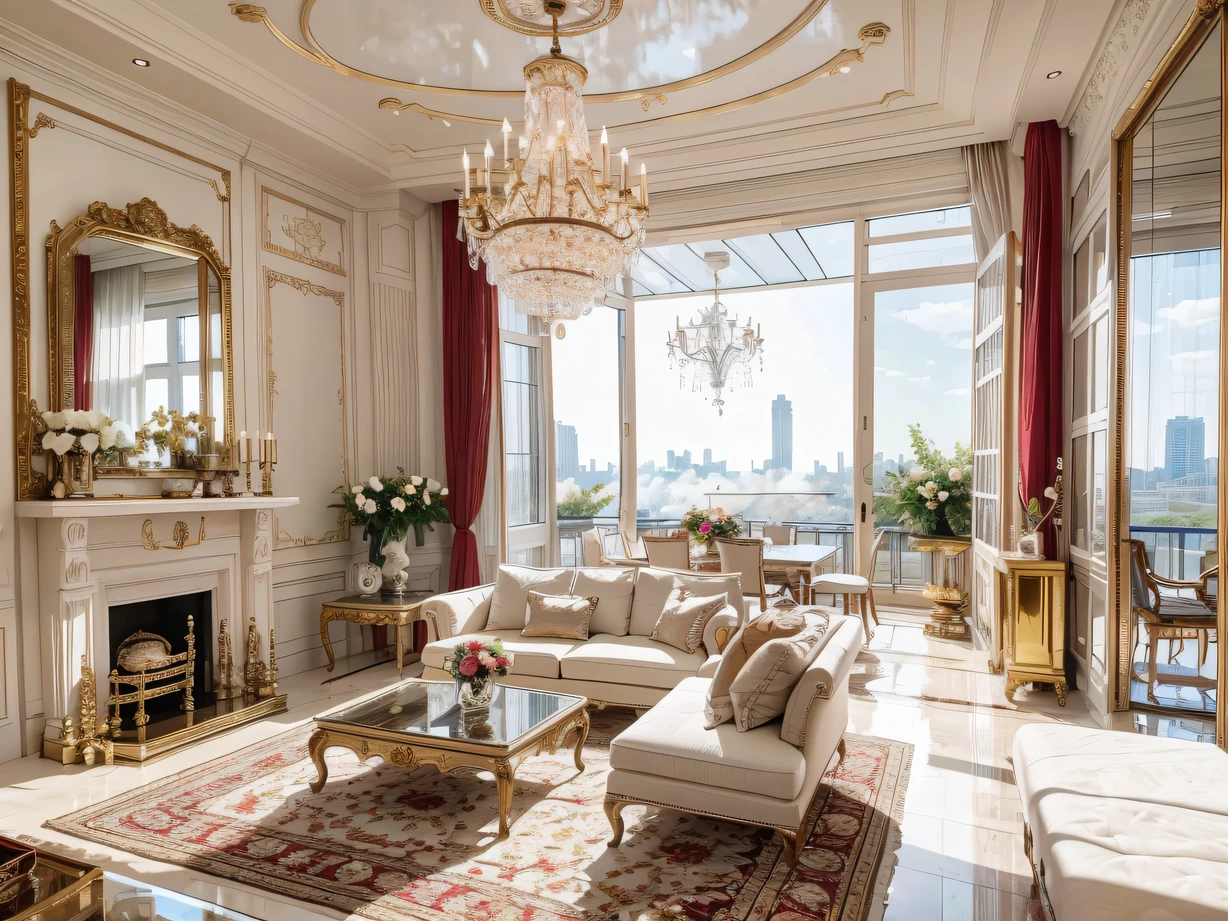 ，Masterpiece, Best quality，8K, 超高分辨率，As you step into this fantastic duplex suite，It's like entering a fascinating temple of art。The spacious living room is decorated with precious antique furniture and ornate crystal chandeliers，Let the whole space exude a strong aristocratic atmosphere。Next to the stairs is a wall，It is covered with fine paintings and precious works of art，Each one is a unique work of art。The bedrooms have the finest cashmere linens and silk curtains，On the bedside table are delicate crystal ornaments，Sparkle luxury。Outside the balcony is a wide terrace，Great view overlooking the whole city，It's like you're on top of the clouds。closing her eyes，You can feel the interweaving of luxury and comfort，The longing and anticipation in my heart was born。