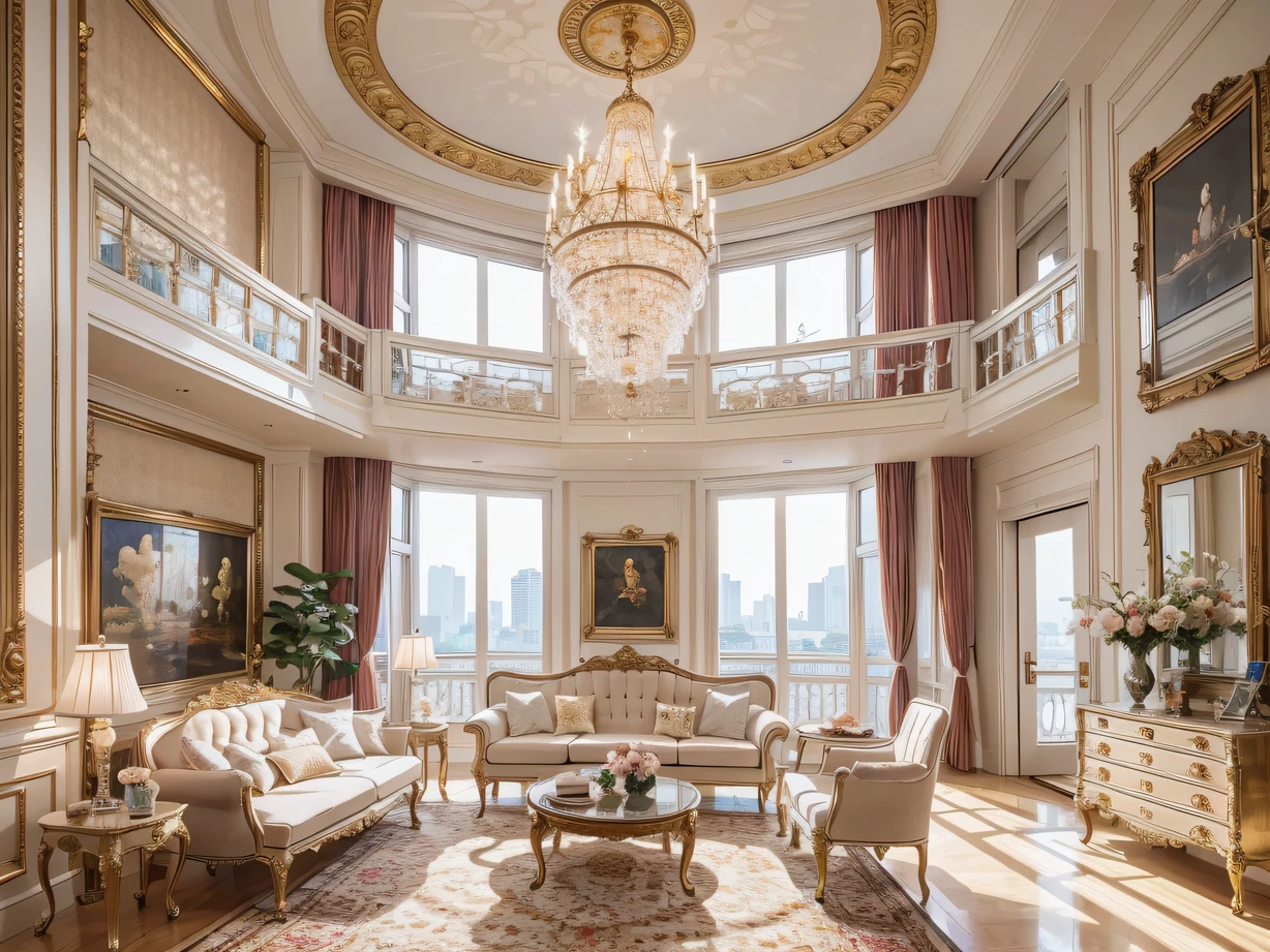 ，Masterpiece, Best quality，8K, 超高分辨率，As you step into this fantastic duplex suite，It's like entering a fascinating temple of art。The spacious living room is decorated with precious antique furniture and ornate crystal chandeliers，Let the whole space exude a strong aristocratic atmosphere。Next to the stairs is a wall，It is covered with fine paintings and precious works of art，Each one is a unique work of art。The bedrooms have the finest cashmere linens and silk curtains，On the bedside table are delicate crystal ornaments，Sparkle luxury。Outside the balcony is a wide terrace，Great view overlooking the whole city，It's like you're on top of the clouds。closing her eyes，You can feel the interweaving of luxury and comfort，The longing and anticipation in my heart was born。