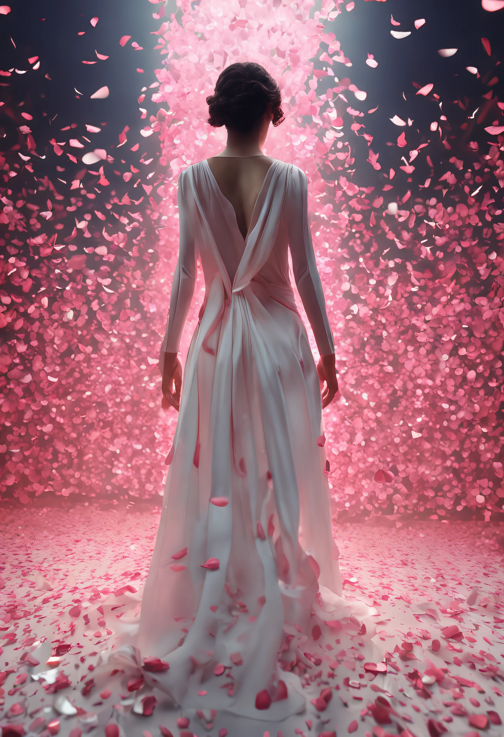 tmasterpiece,Need,1girl,exquisite facial features,s the perfect face,in a long white dress,dance,full bodyesbian,The ground is covered with rose petals,Rose petals float in the air,depth of fields,The light from the back window is backlighted,Light particles flutter,Light effect,8k