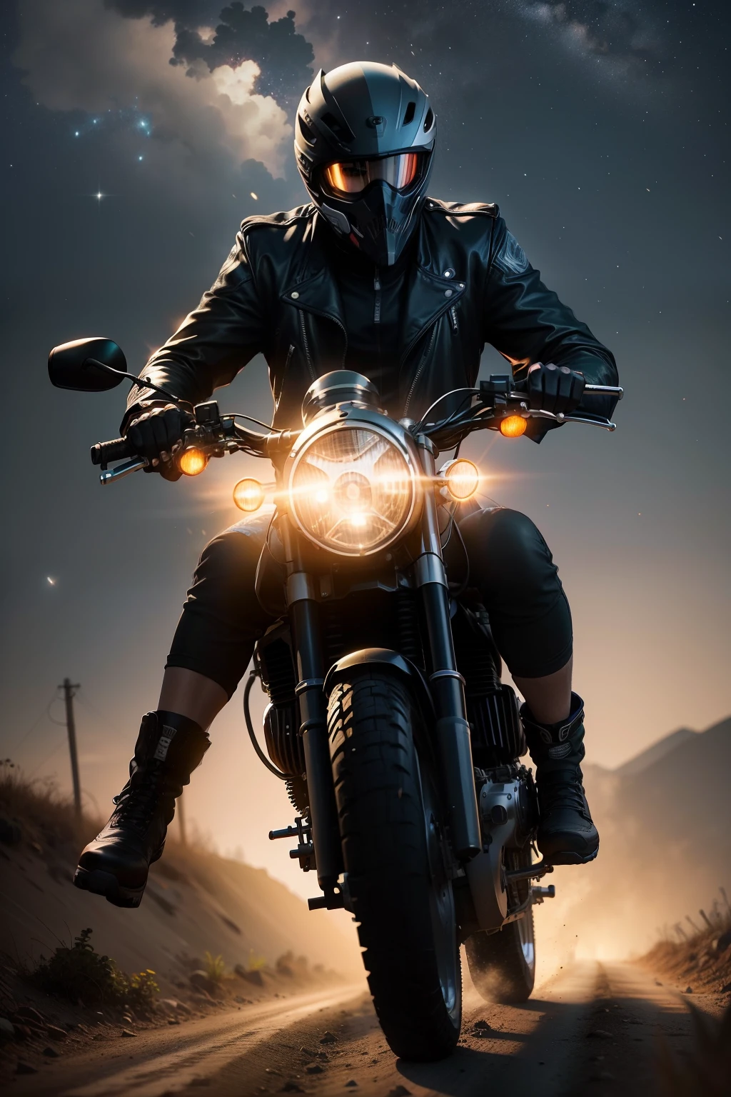 Motociclista estilo ghost rider, Going on a dirt road on a moonlit night and starry sky, com floresta em destaque dos dois lados da estrada. Imagem realista com detalhes